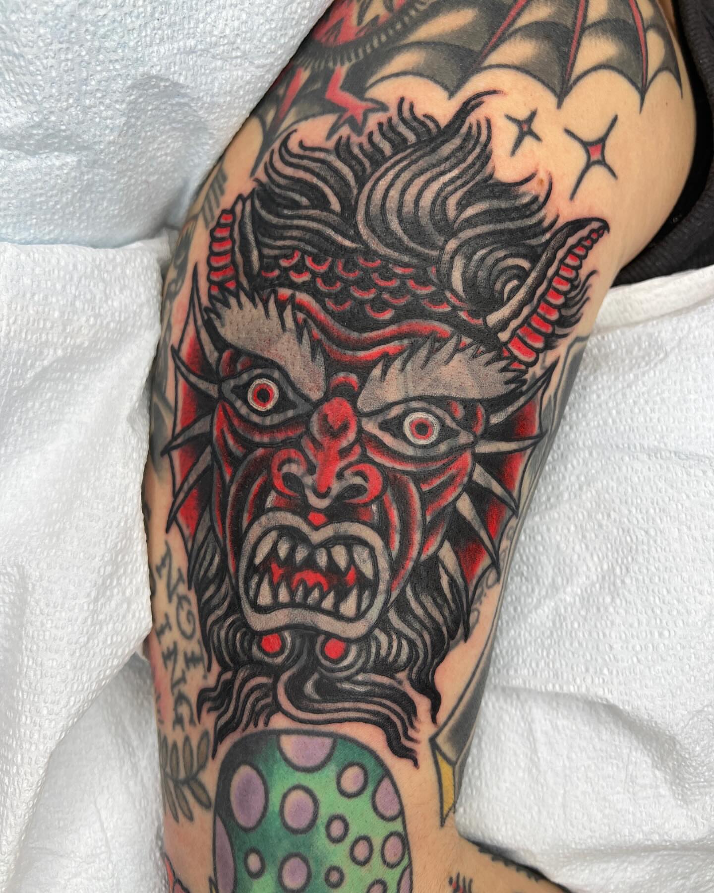 Demon face American traditional tattoo on the forearm by Leo 🌞 Pdx Tattoo