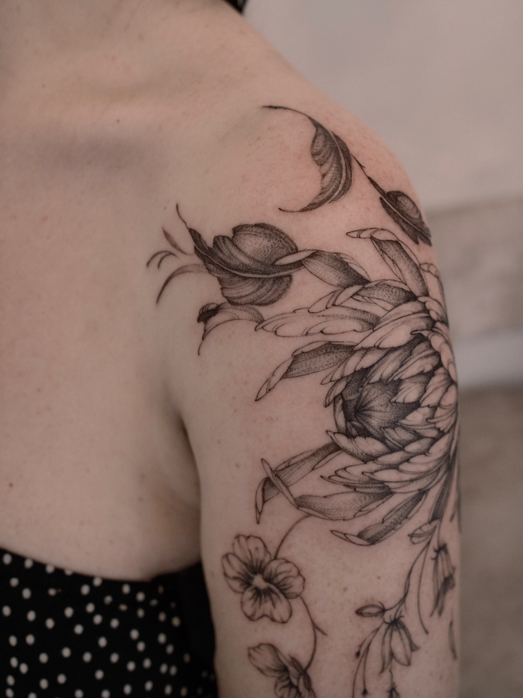 Floral arrangement dotwork tattoo on the shoulder by Joy, Gold Coast, Queensland