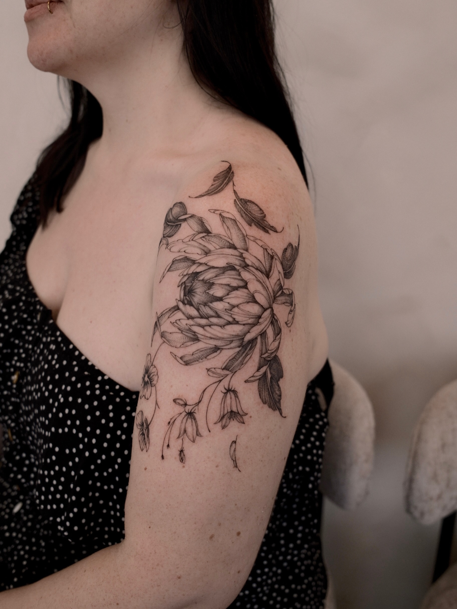 Protea flower black and grey tattoo on the shoulder by Joy, Gold Coast, Queensland