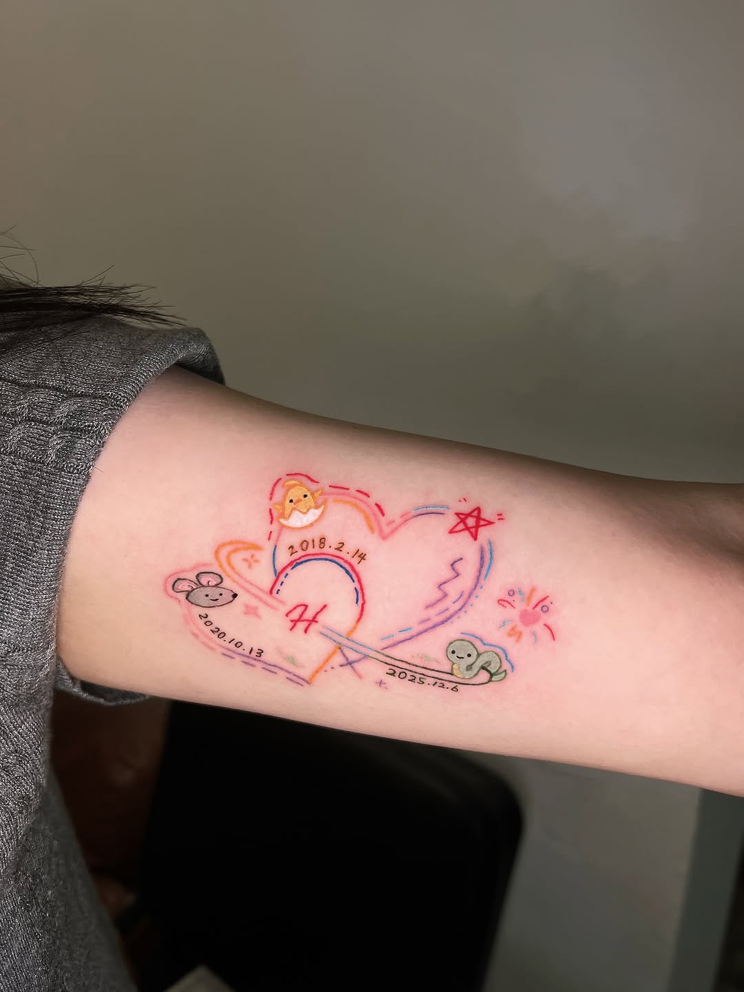 Hearts with dates and characters new school tattoo on the forearm by 🤍# sanniii_au.🖇️