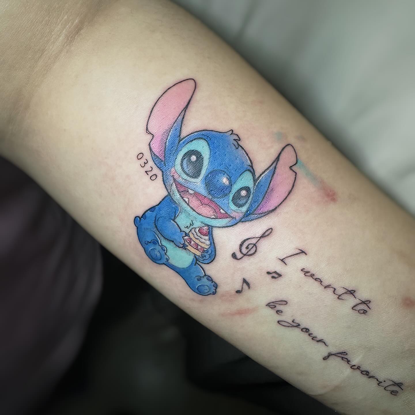 Stitch watercolor tattoo on the forearm by 墨匠紋身|新店店, New Taipei City