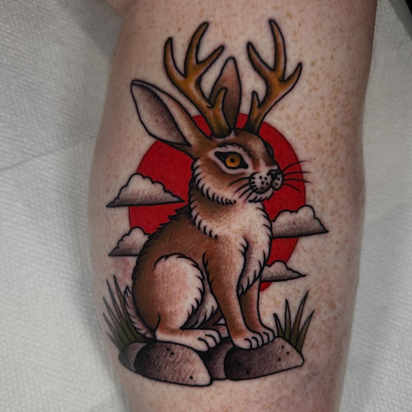 Reindeer rabbit American traditional tattoo on the forearm by Kyle Logan Frary
