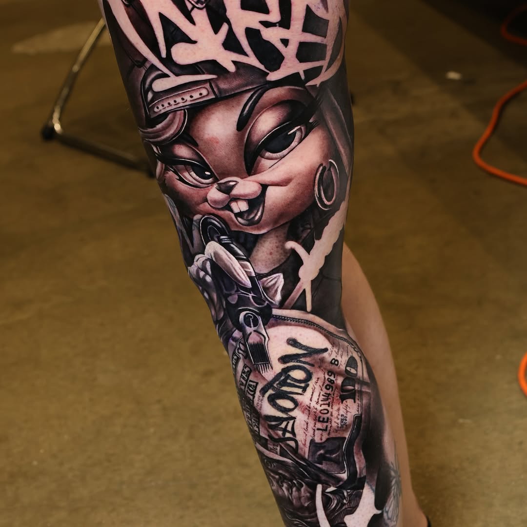Cartoon rabbit character with money Chicano tattoo on the forearm by Ali Saleh 🇱🇧 Detroit Tattoo Artist, Dearborn, Michigan