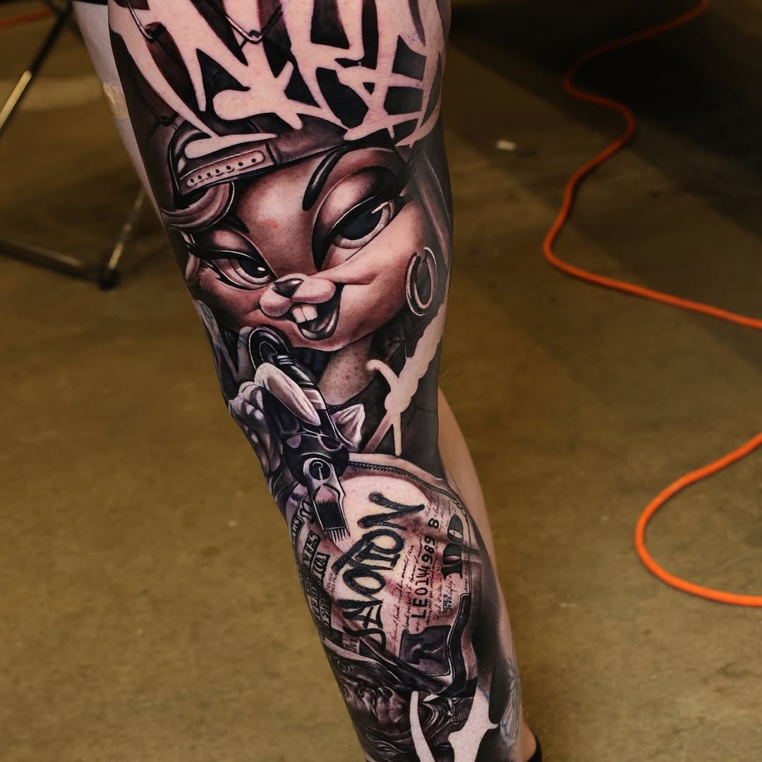 Cartoon character with money Chicano tattoo on the forearm by Ali Saleh 🇱🇧 Detroit Tattoo Artist, Dearborn, Michigan