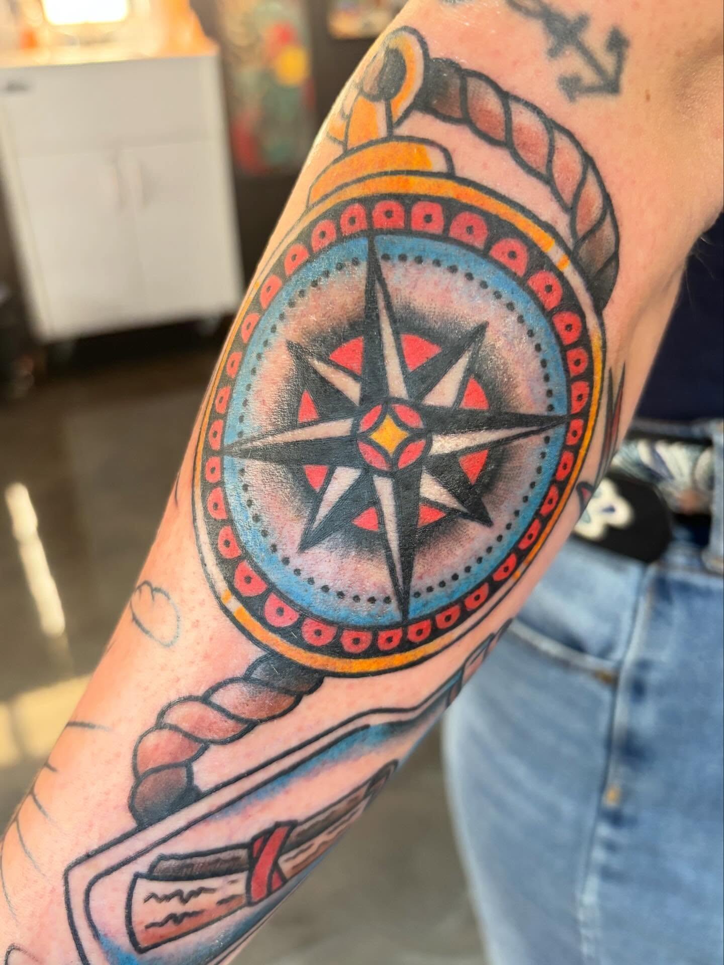 Compass American traditional tattoo on the forearm by Alex Green, Nashville, Tennessee