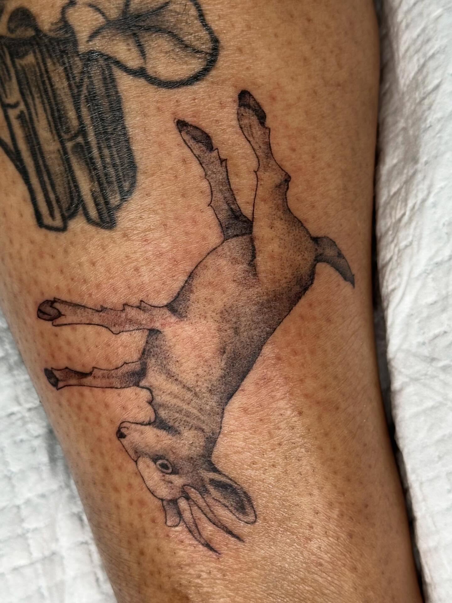 Deer black and grey tattoo on the forearm by Sadie Spades Philly Tattoos