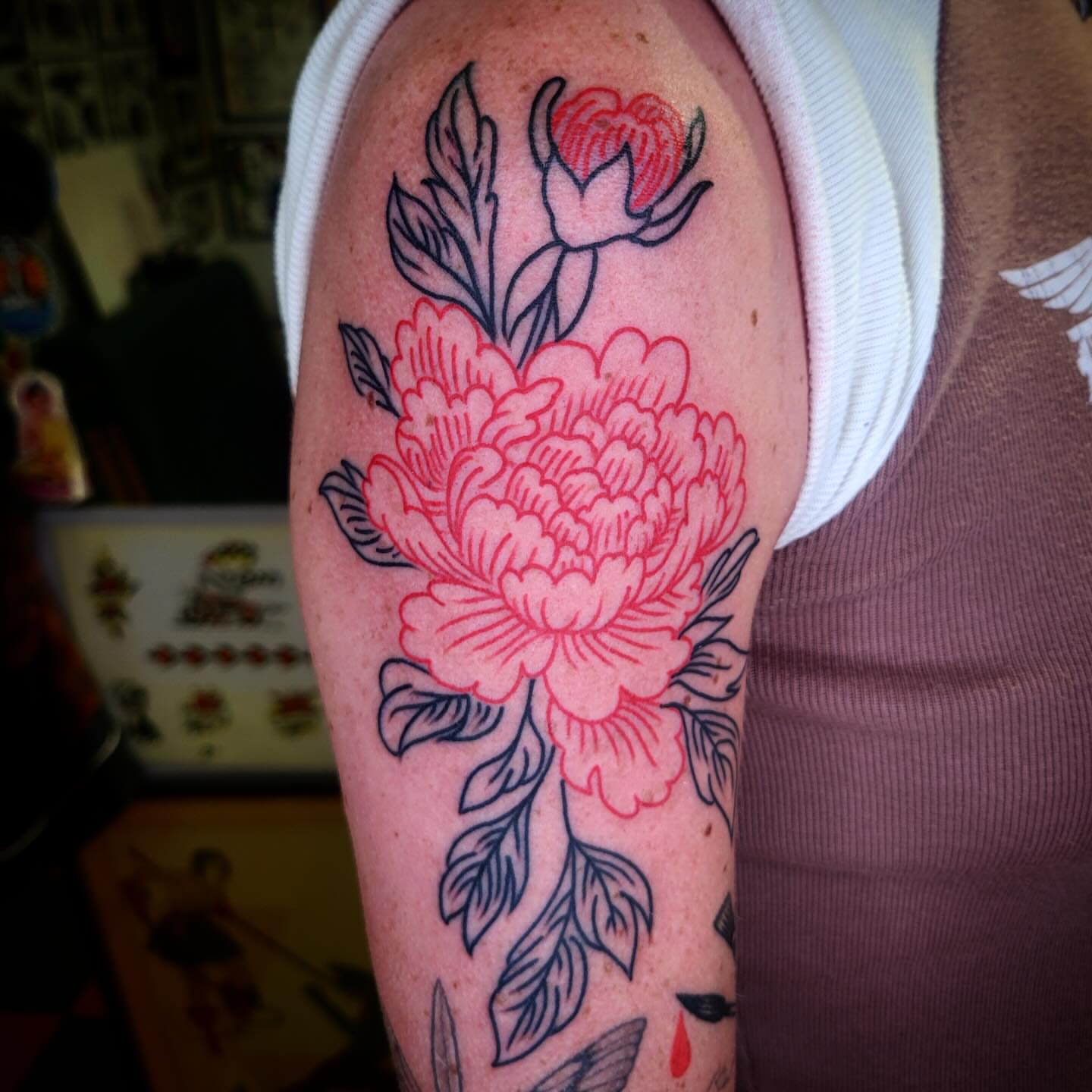 Peony flower American traditional tattoo on the forearm by joe martinez, Denver, Colorado