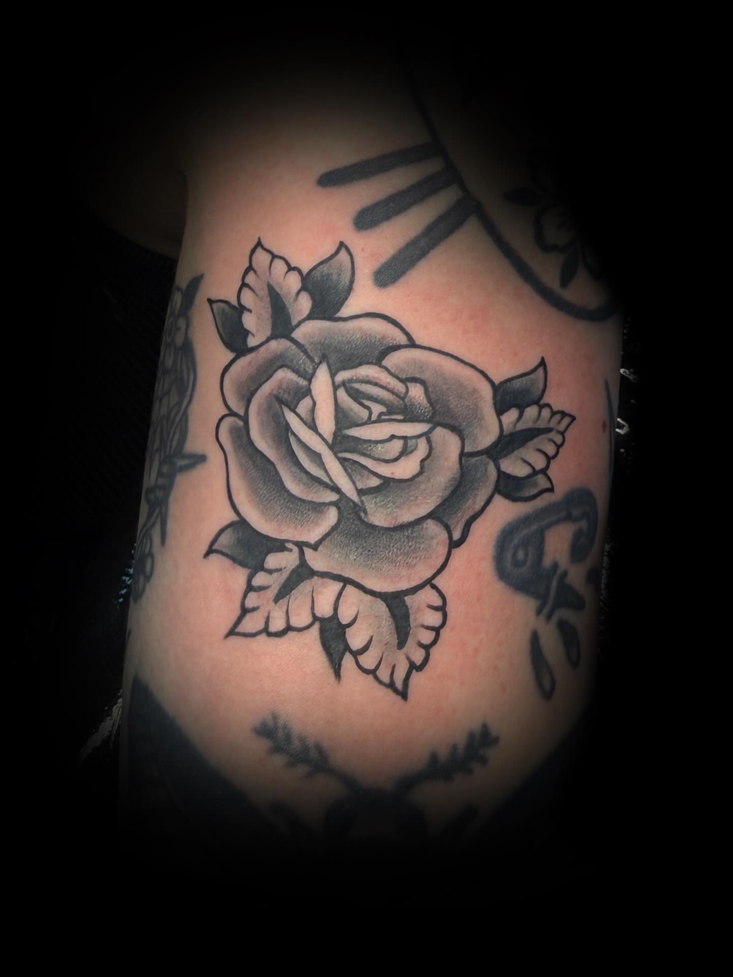 Rose black and grey tattoo on the thigh by sᴋᴇᴛᴄʜᴇᴅ