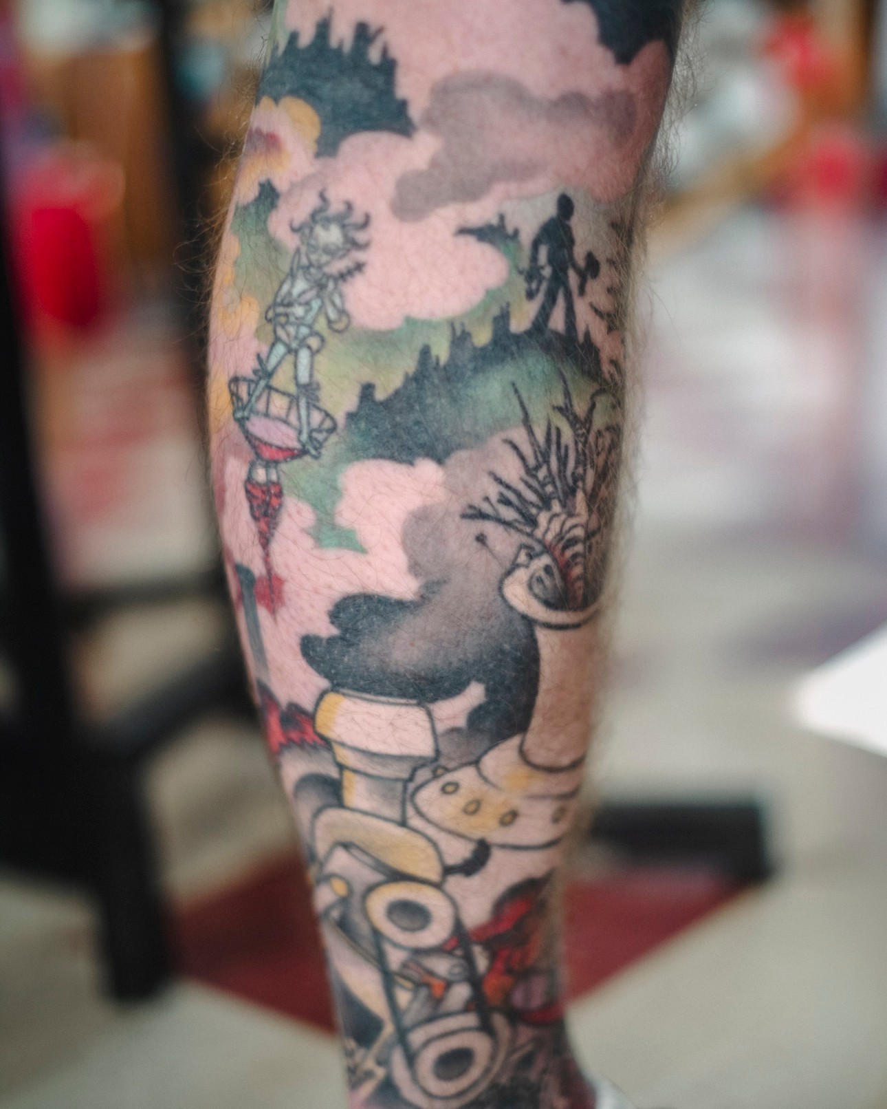 Fantasy landscape dotwork tattoo on the forearm by Dan Gilsdorf, Portland, Oregon