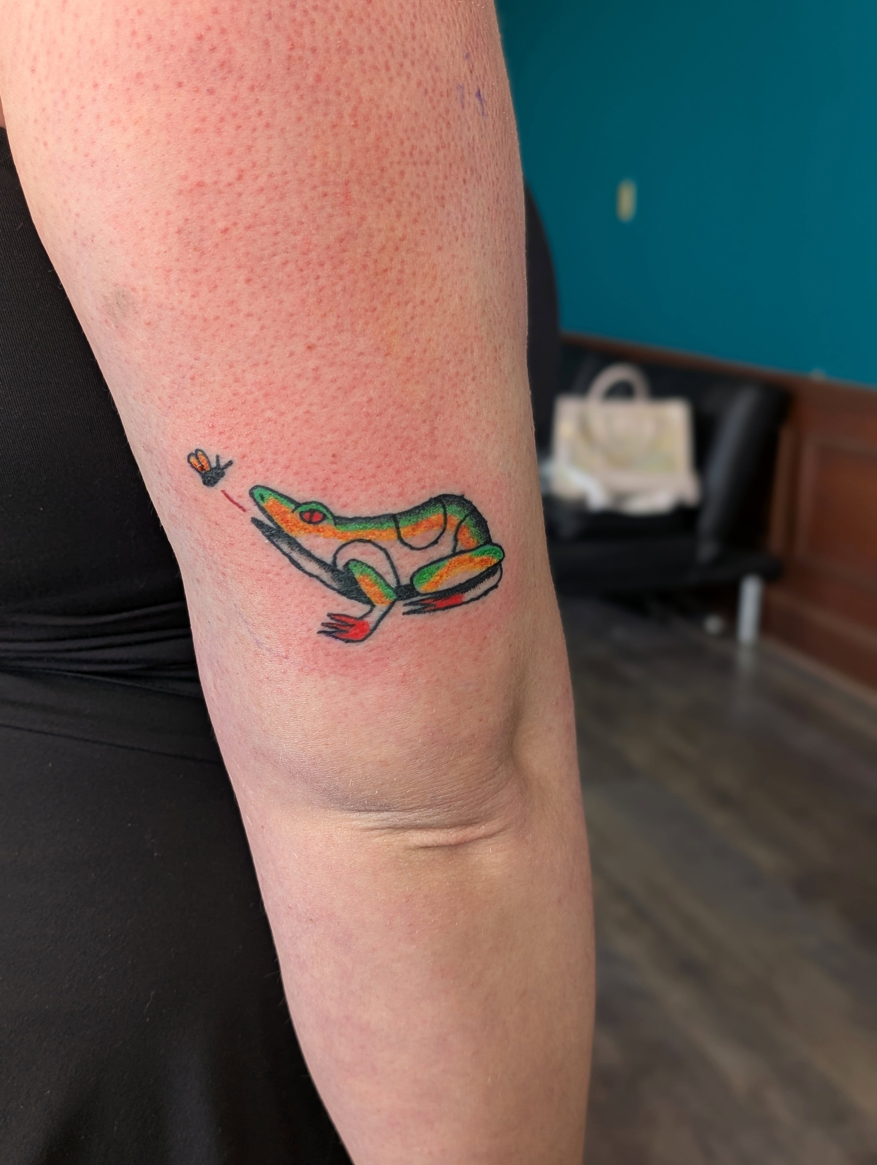 Frog American traditional tattoo on the forearm by Jon Sedor