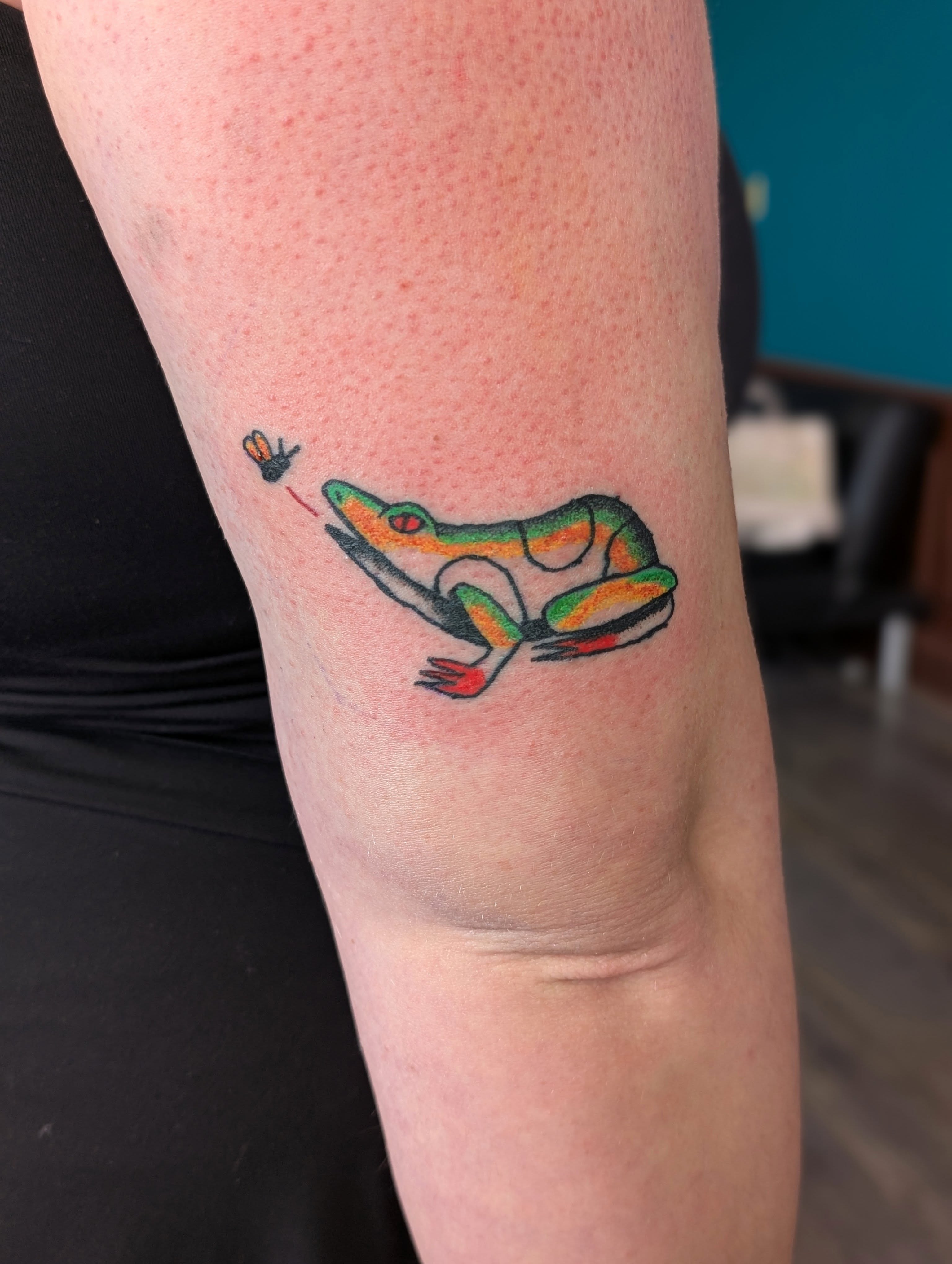 Frog new school tattoo on the forearm by Jon Sedor