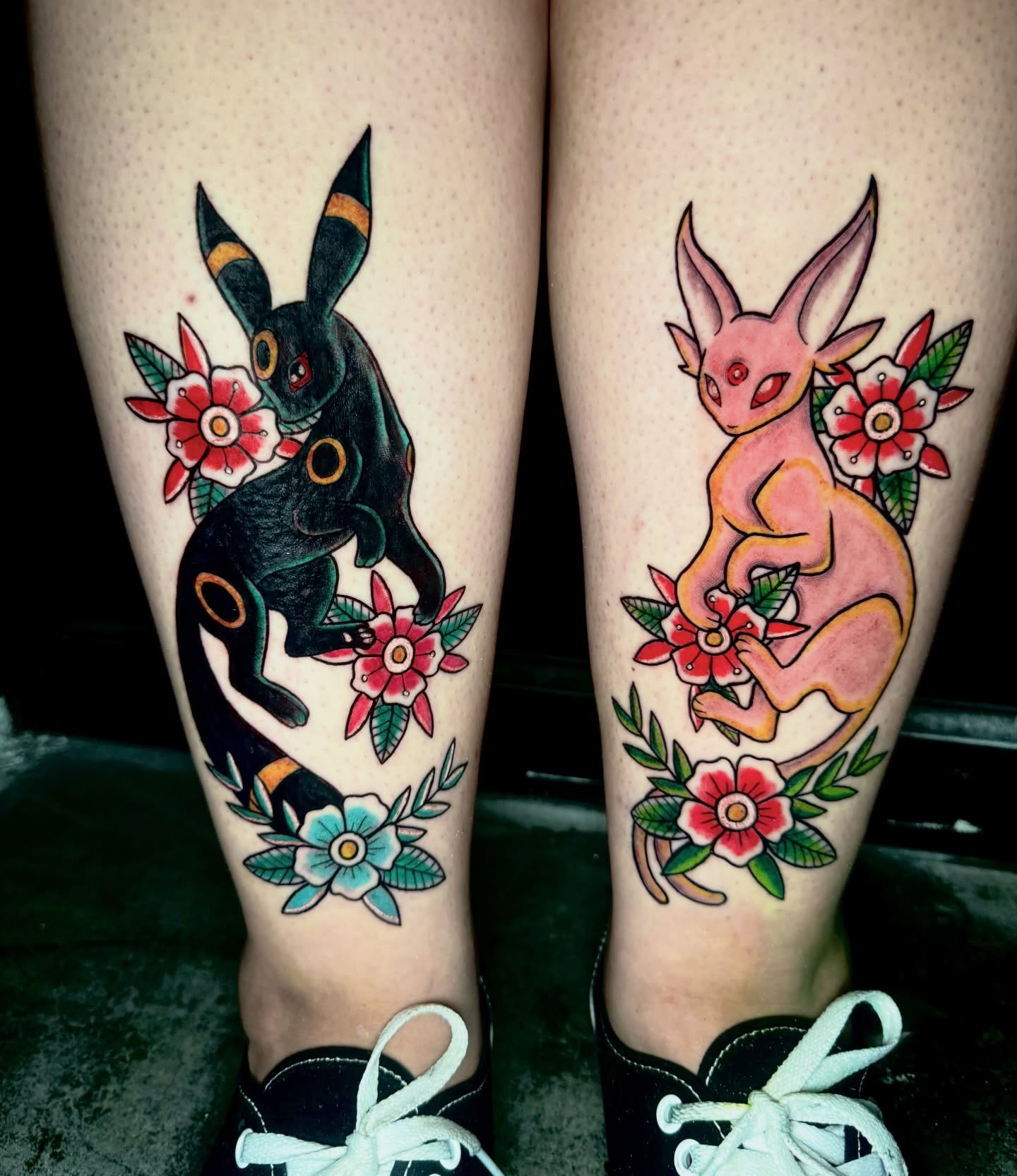 Rabbit and kangaroo American traditional tattoo on the leg by Kevin A. Salinas ๐จ๐ด, Houston, Texas