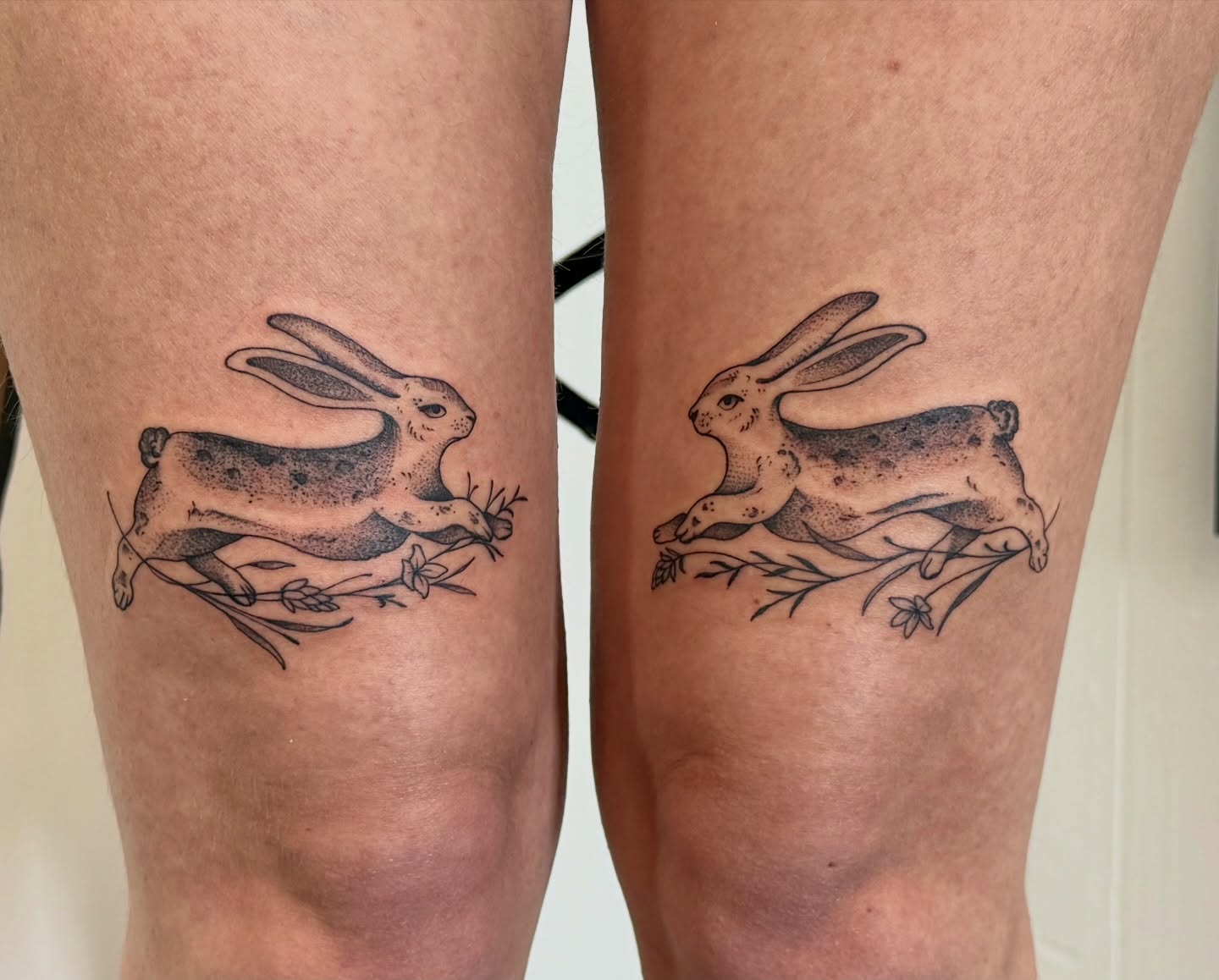 Hopping rabbit dotwork tattoo on the thigh by Sophia, New Carlisle, Ohio