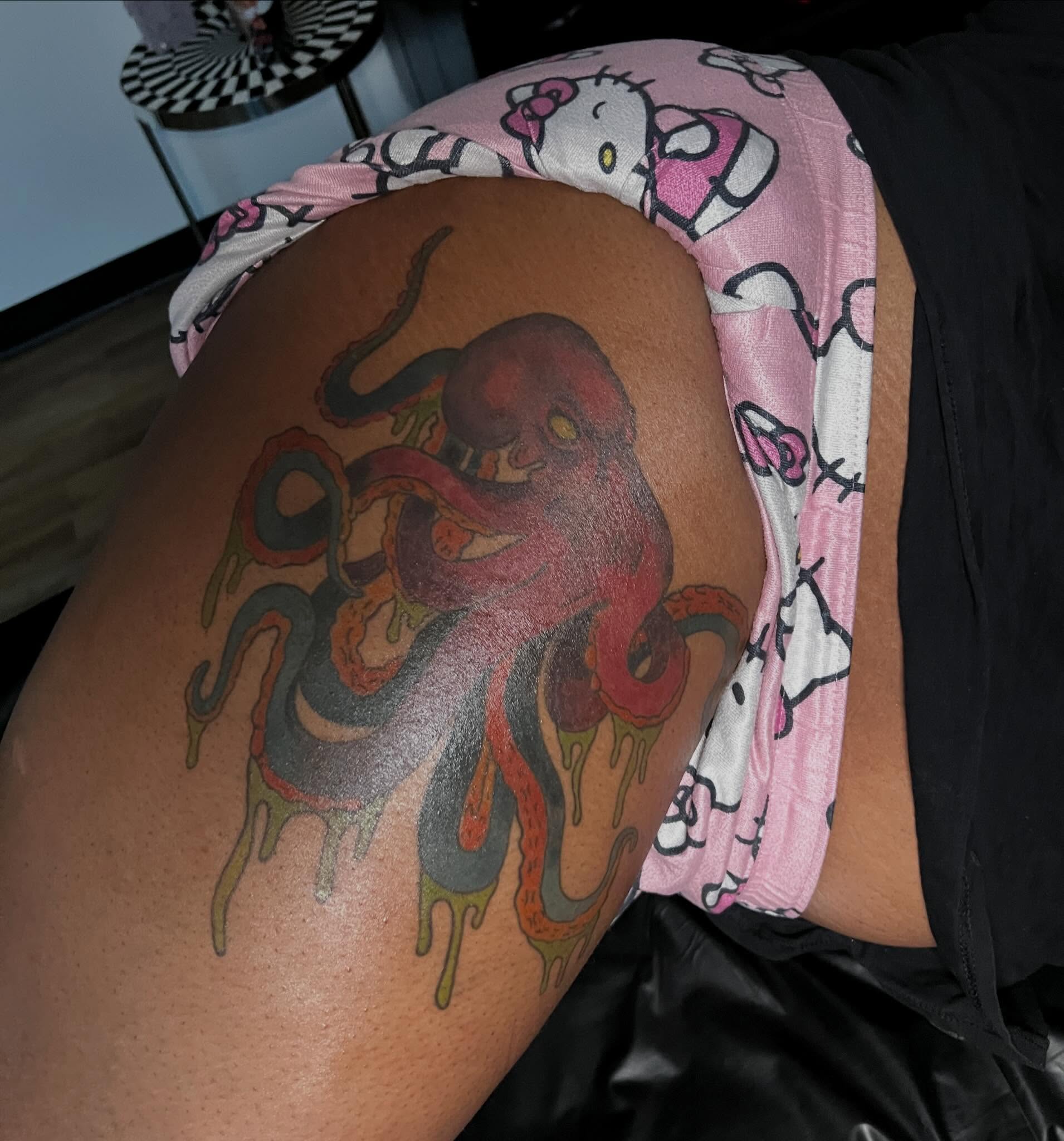 Octopus American traditional tattoo on the thigh by Presley Tattoos, Murfreesboro, Tennessee