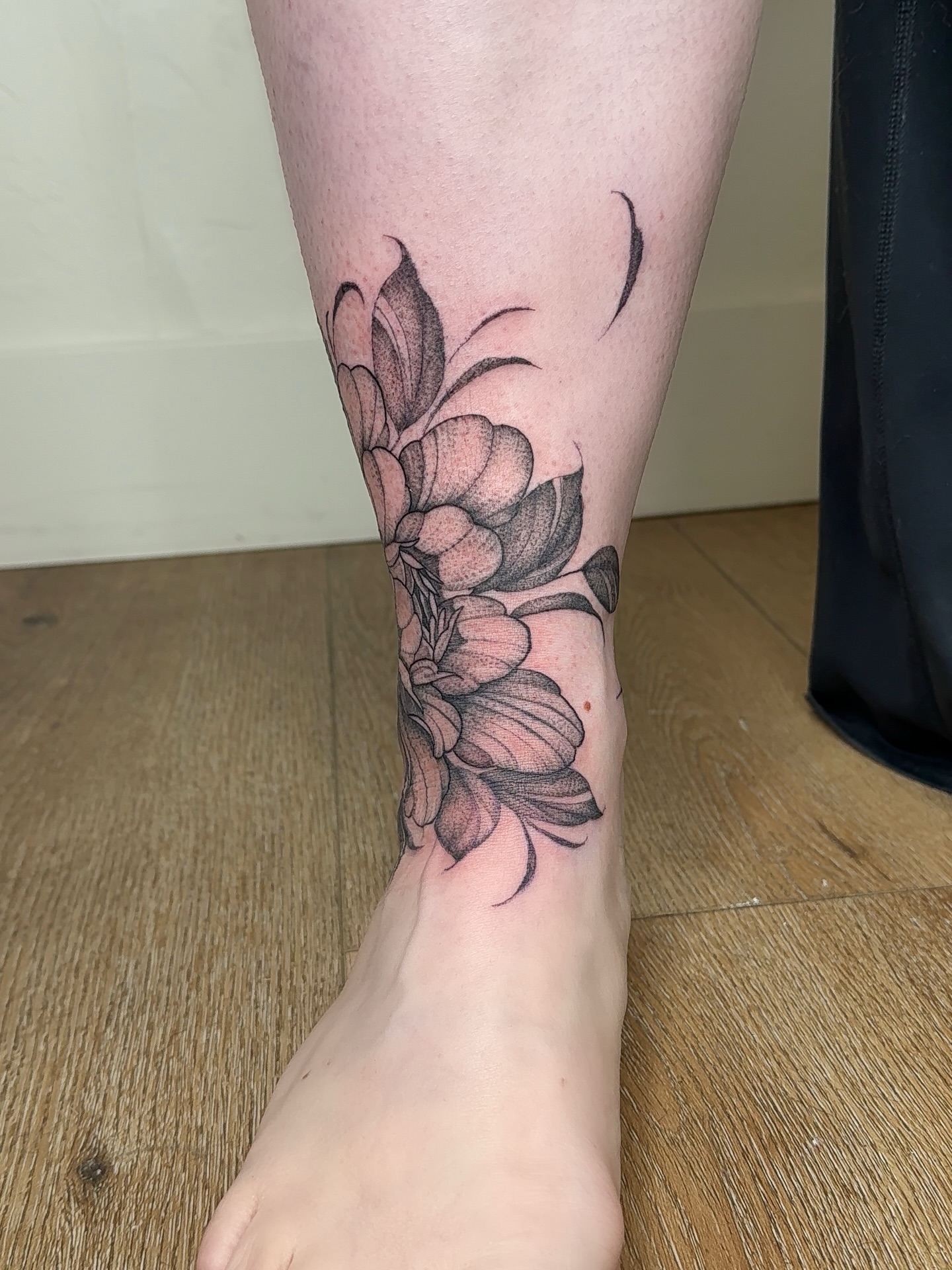 Floral arrangement dotwork tattoo on the calf by ❤️‍🔥 Abigail Chambers ❤️‍🔥