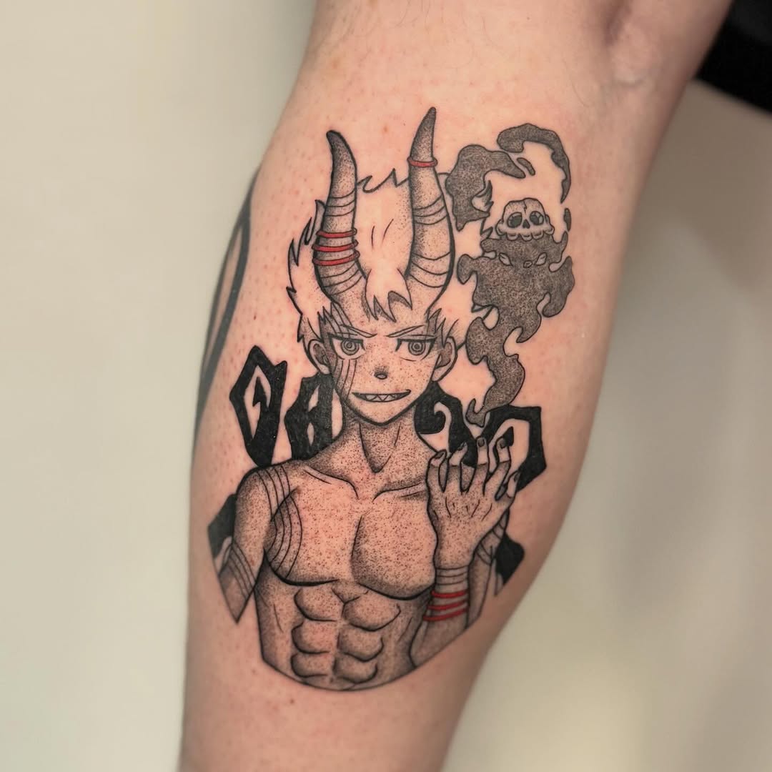 Demon character with horns anime tattoo on the forearm by Felicity