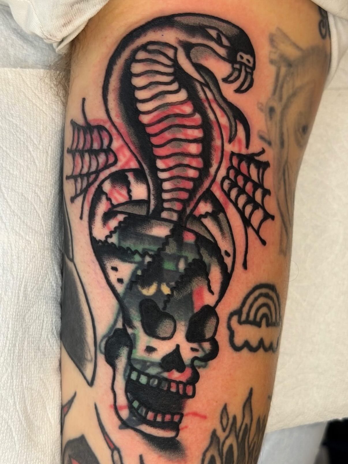 Snake and skull American traditional tattoo on the forearm by Jake