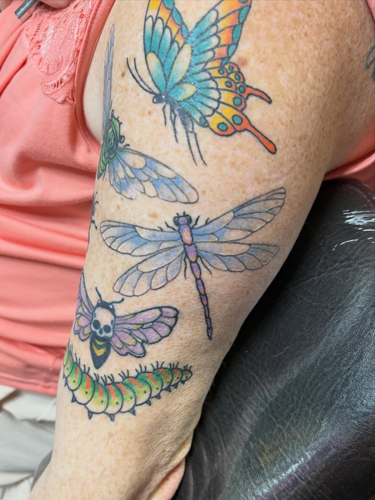Insects and caterpillar new school tattoo on the forearm by Gabby, Kansas City, Missouri