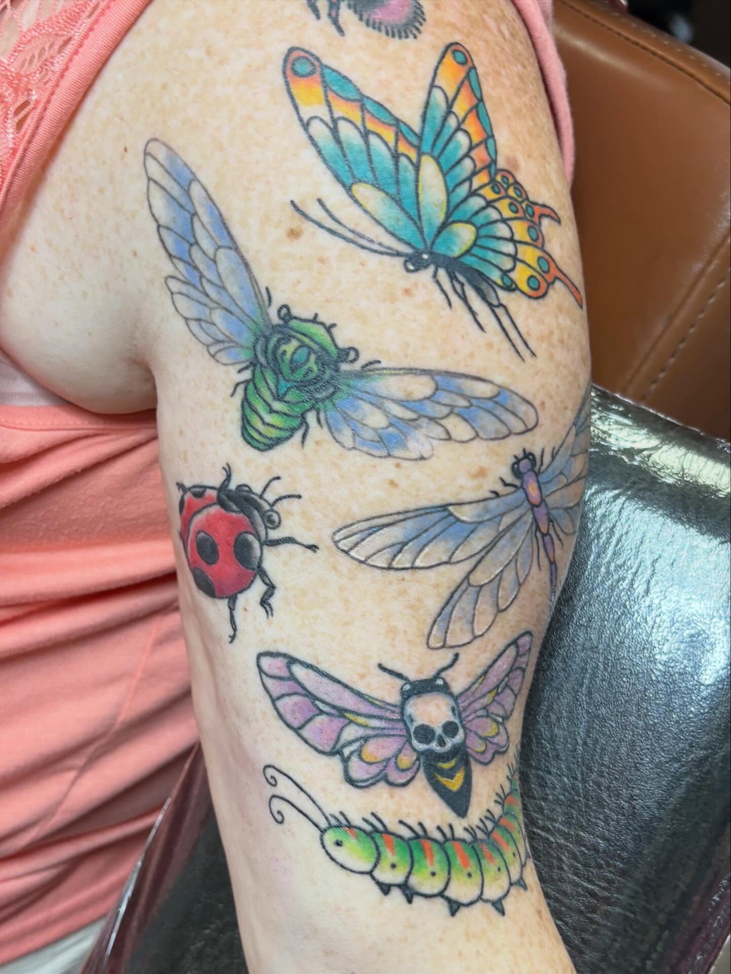 Insects new school tattoo on the forearm by Gabby, Kansas City, Missouri