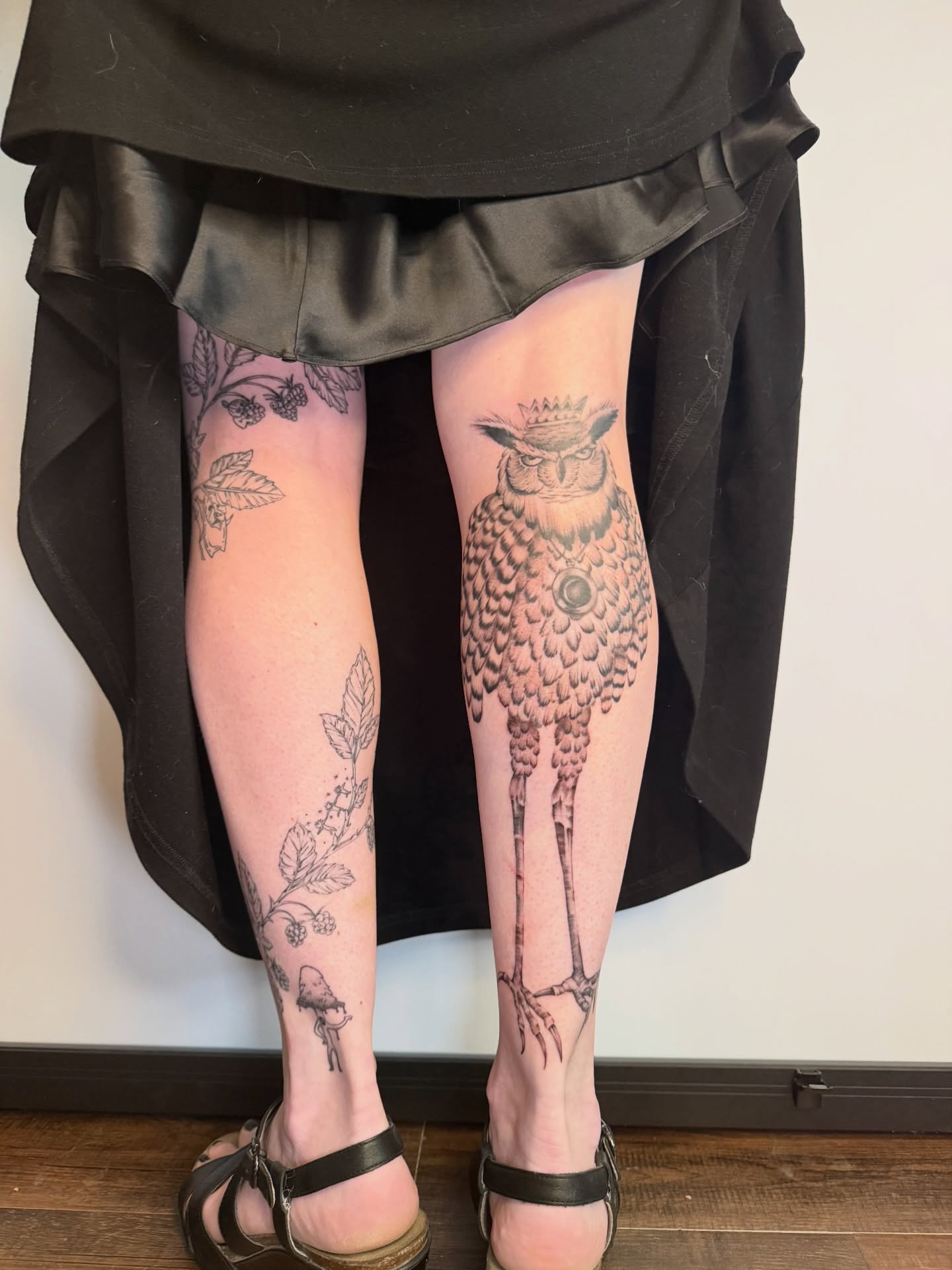 Owl black and grey tattoo on the leg by Brandie