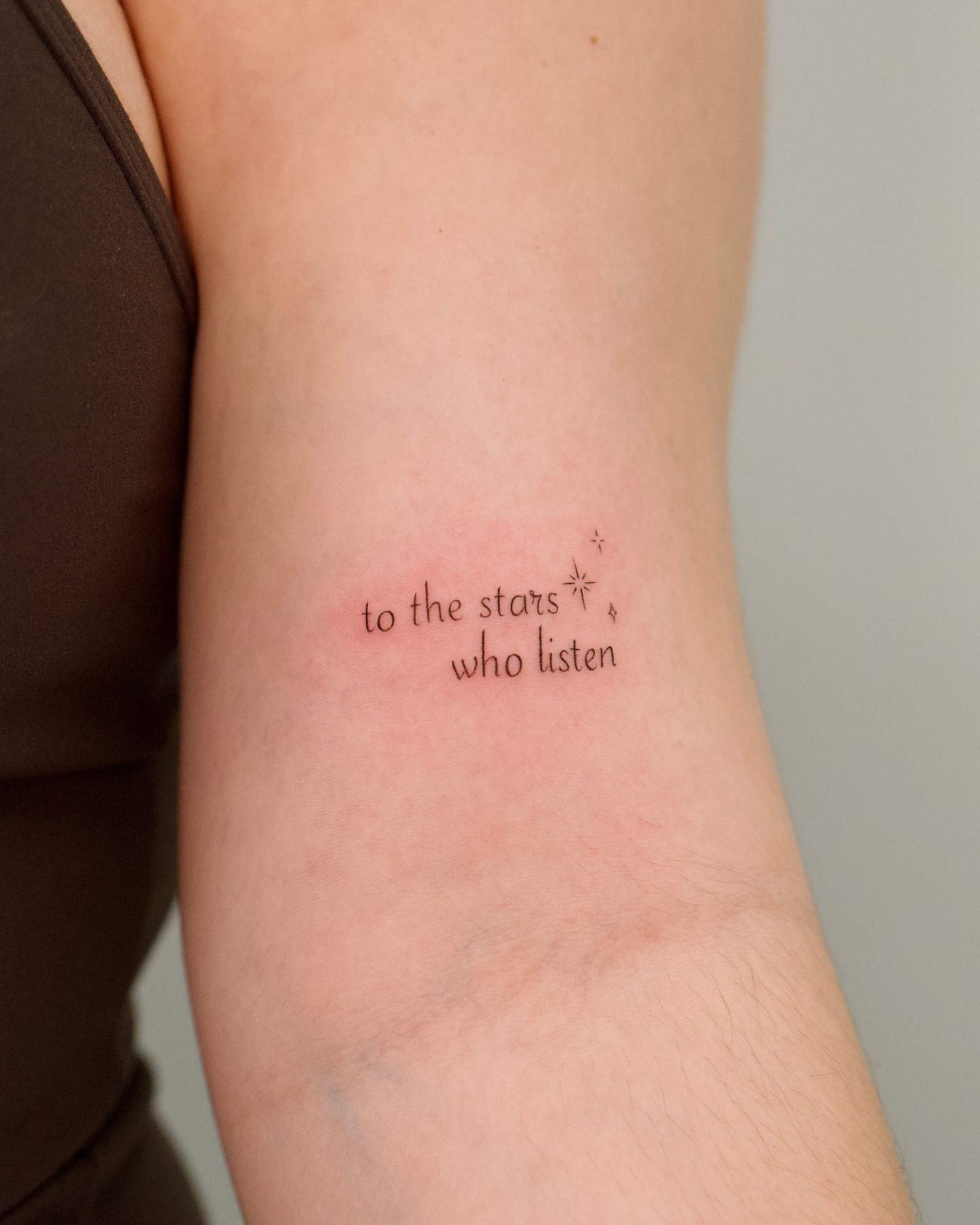 To the stars who listen lettering script tattoo on the forearm by Tattoo fine line NY
