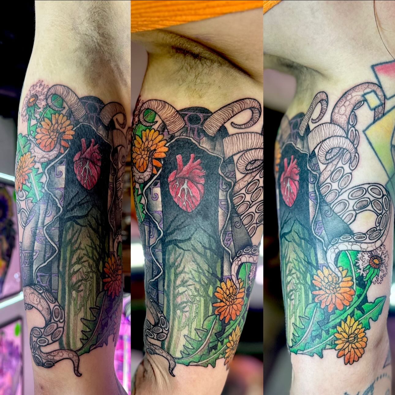 Heart and octopus new school tattoo on the forearm by Leeuh Vandever