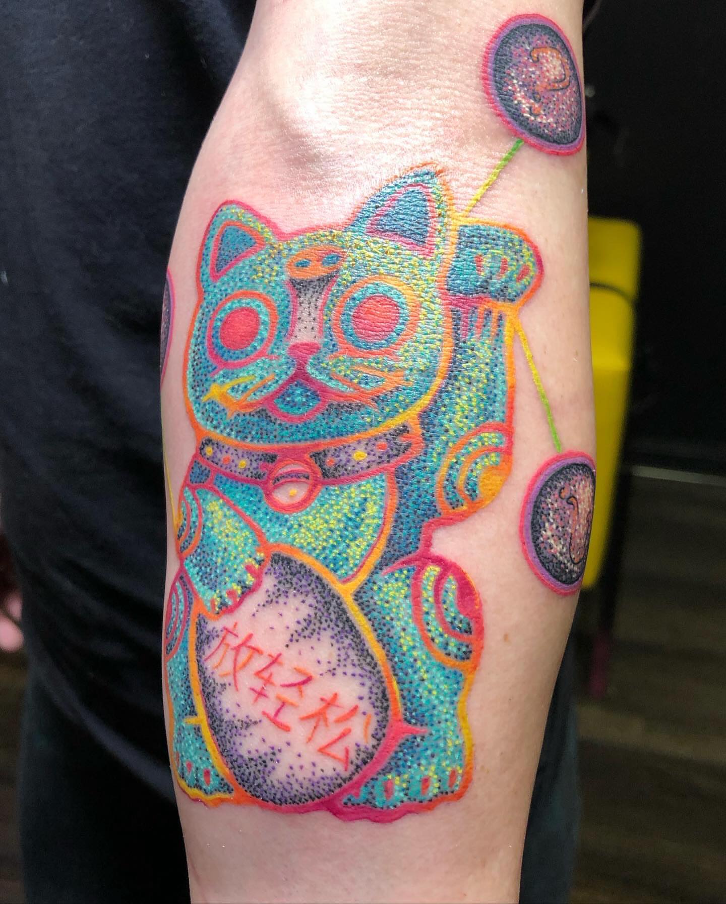 Maneki-neko dotwork tattoo on the forearm by LiteBriteTattoo, Salt Lake City, Utah