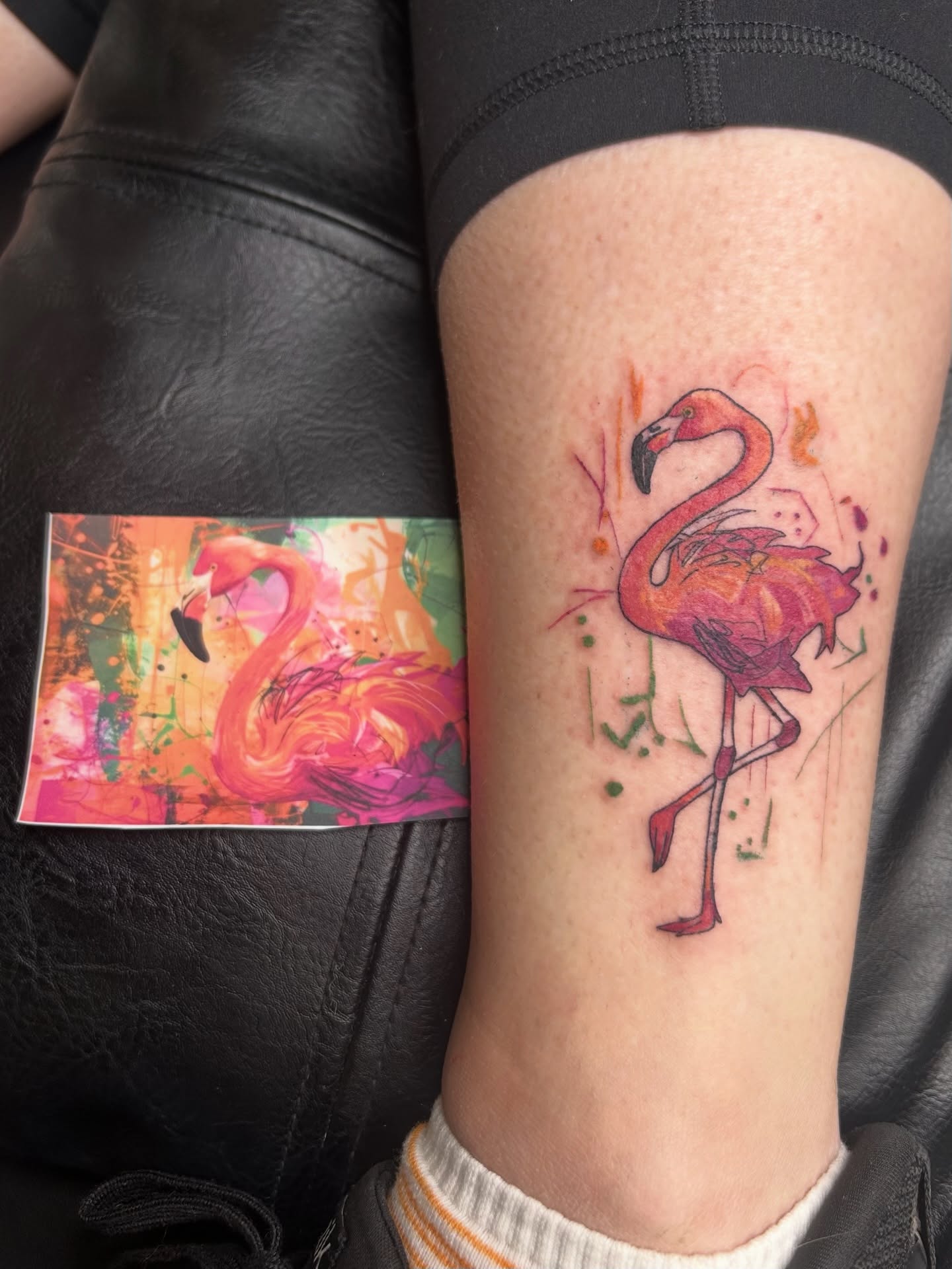 Flamingo watercolor tattoo on the forearm by Kaylee