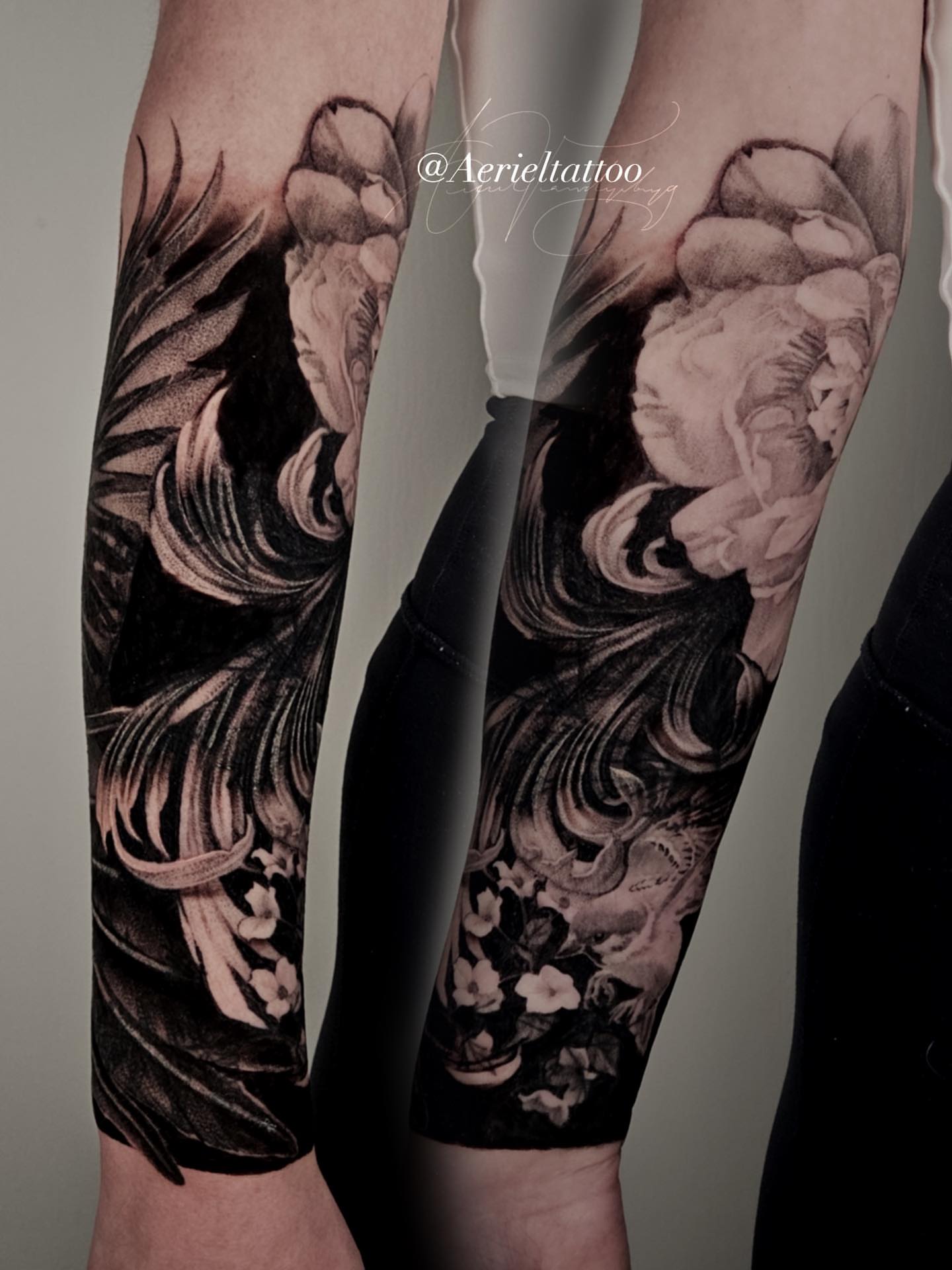 Woman with dragon dotwork tattoo on the forearm by Dallas Tattoo artist