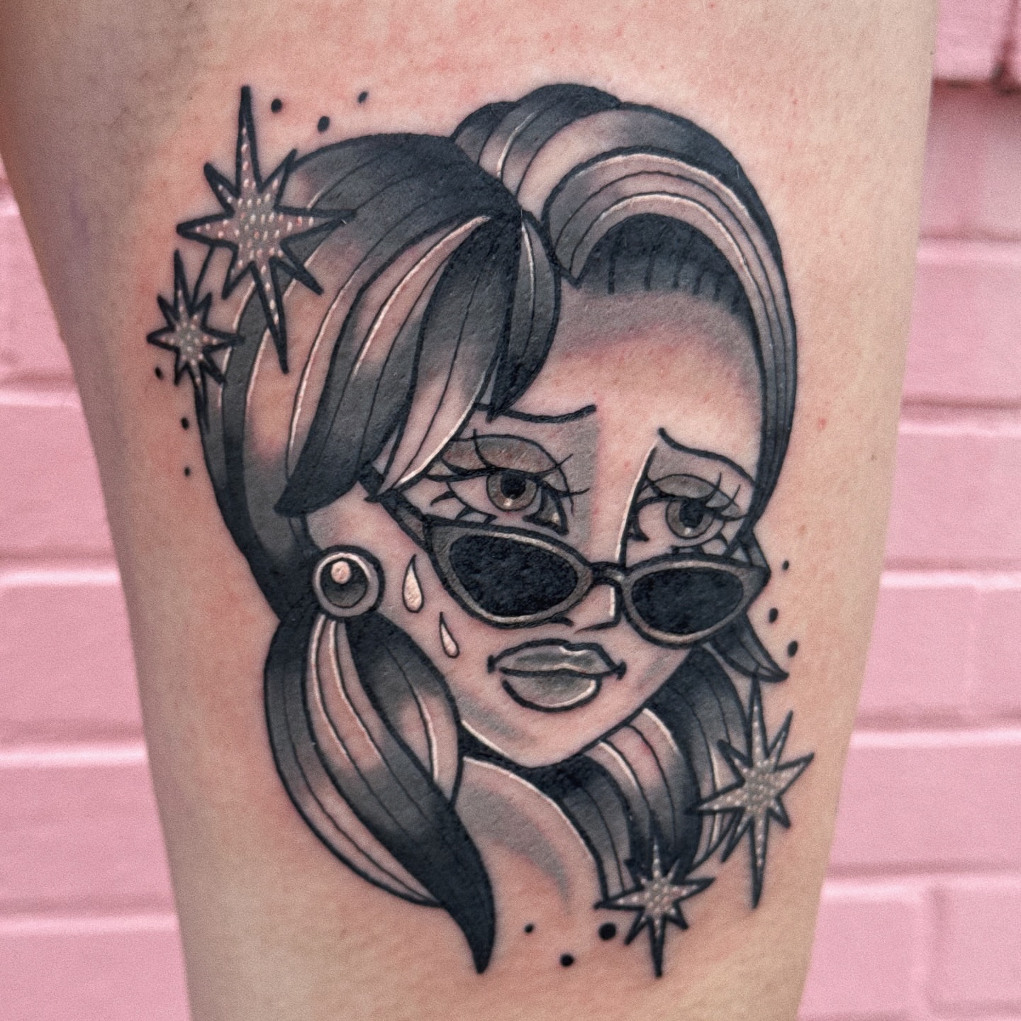 Woman with sunglasses black and grey tattoo on the forearm by 𝕷𝖆𝖚𝖗 𝕷𝖆𝖚𝖗