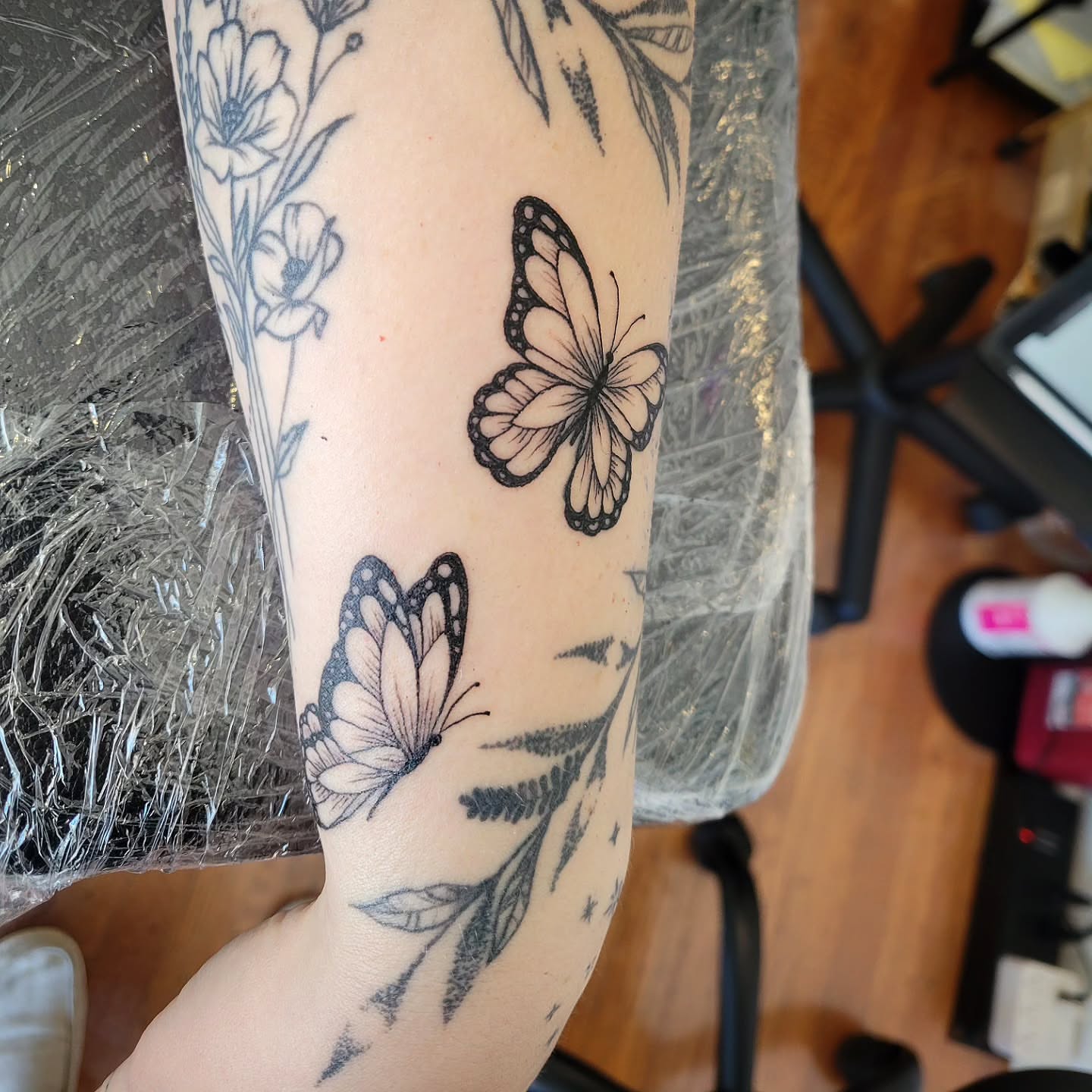 Butterfly black and grey tattoo on the forearm by Solstice Tattoos by Savannah Sadler (future, Salisbury, North Carolina