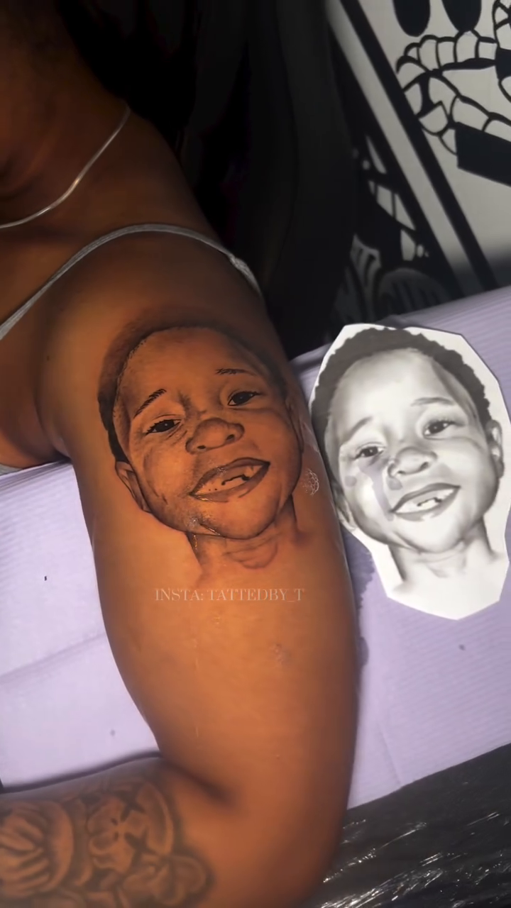 Portrait of a child realism tattoo on the forearm by Female Cleveland Tat Artist ๐