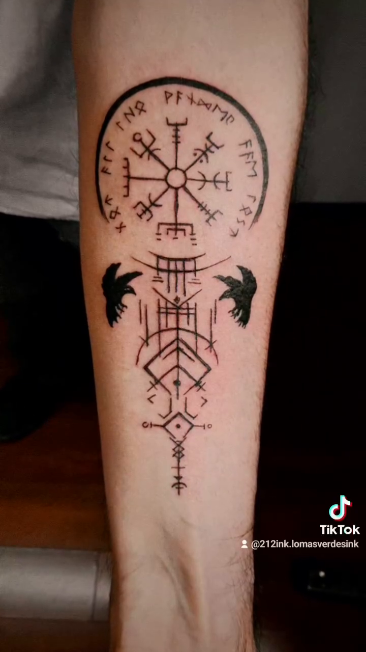 Viking compass and runes geometric tattoo on the forearm by Tatuajes Betto Ink Tattoo