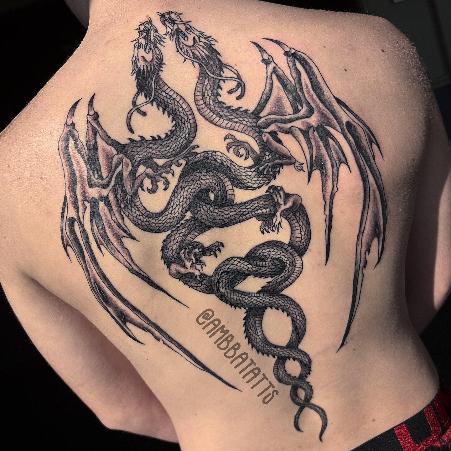 Dragon black and grey tattoo on the back by amber brady, Brunswick, Ohio
