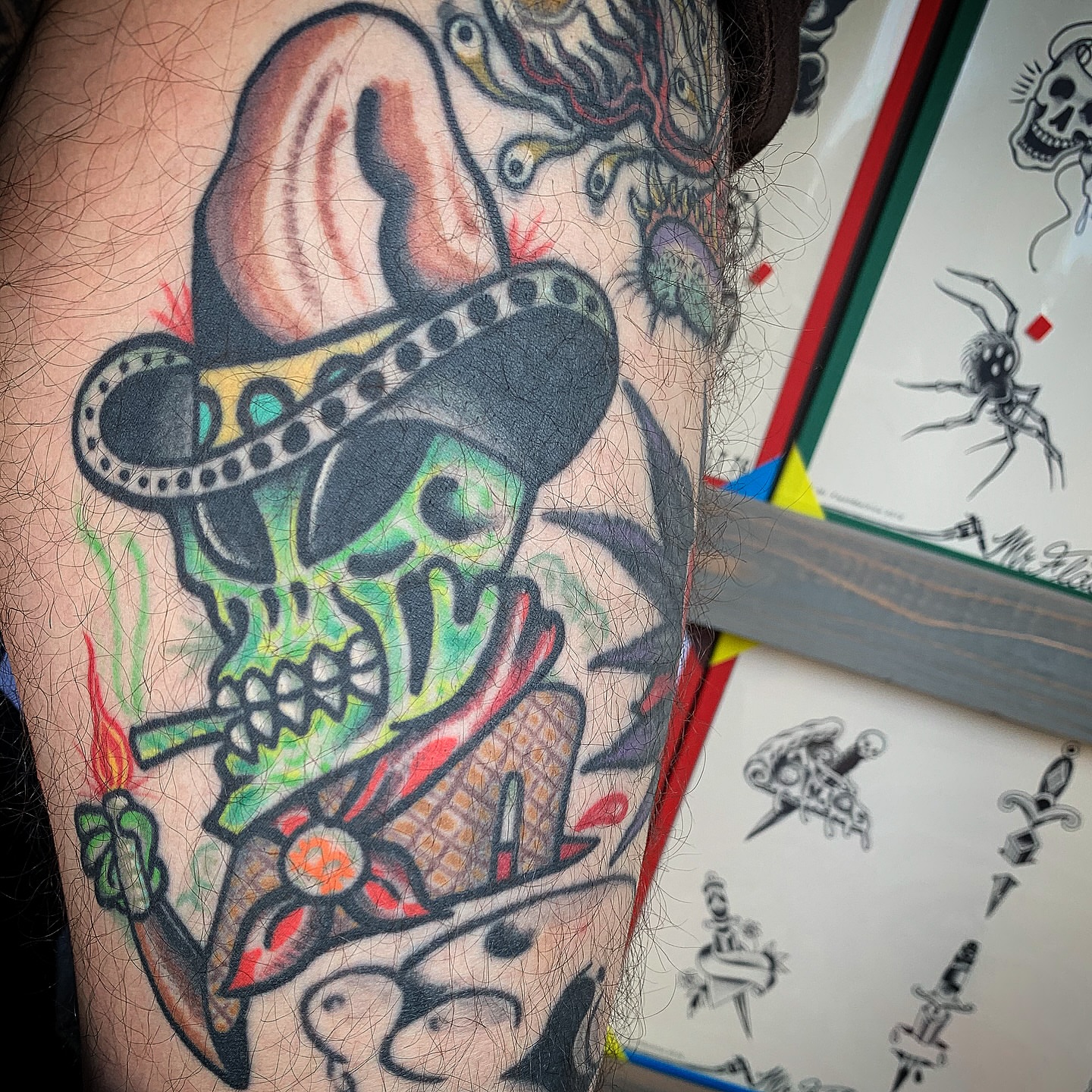 Skull wearing sombrero American traditional tattoo on the forearm by Destroy Troy