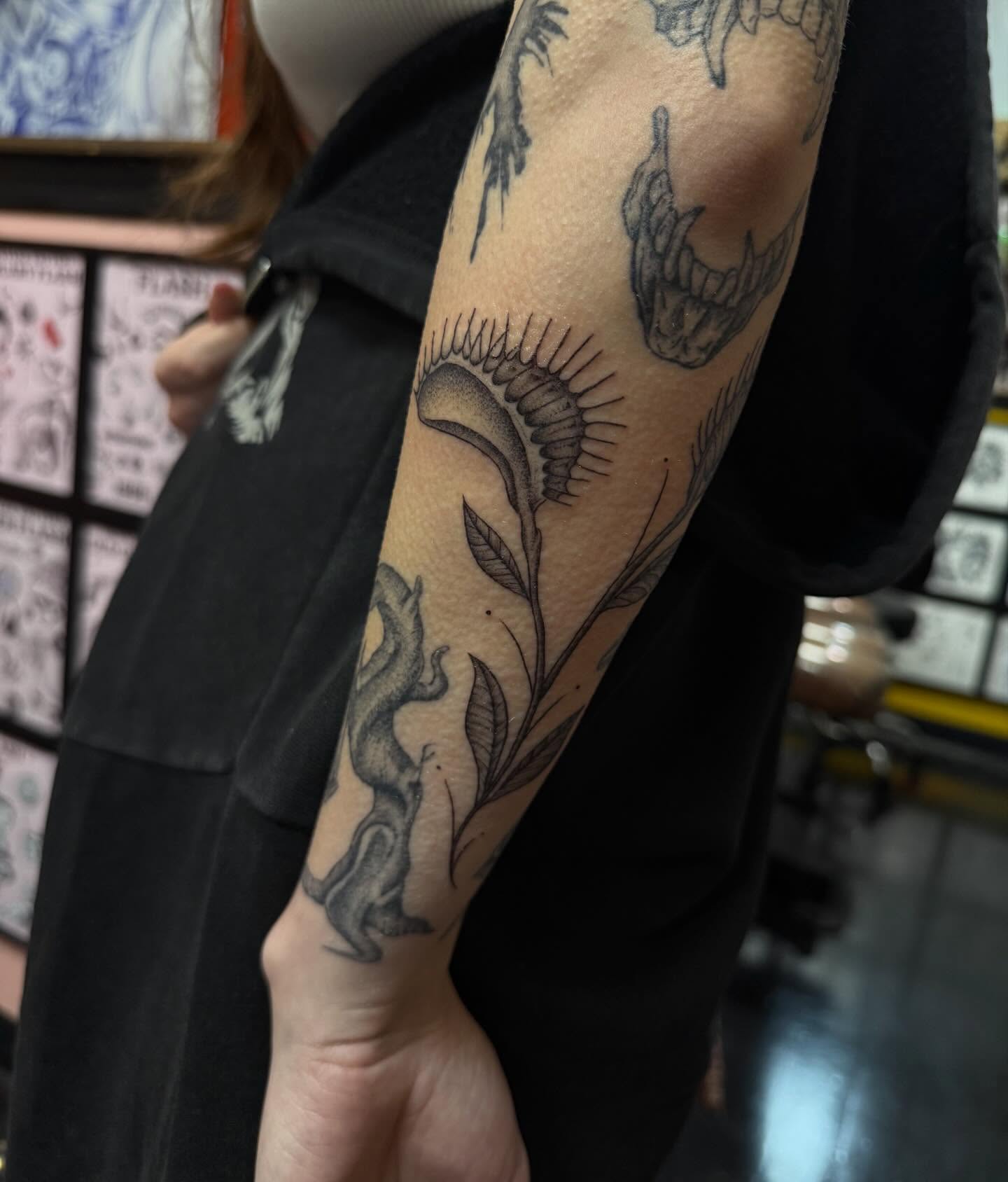 Centipede and leaves dotwork tattoo on the forearm by Jennylee Aerts, Asbury Park, New Jersey