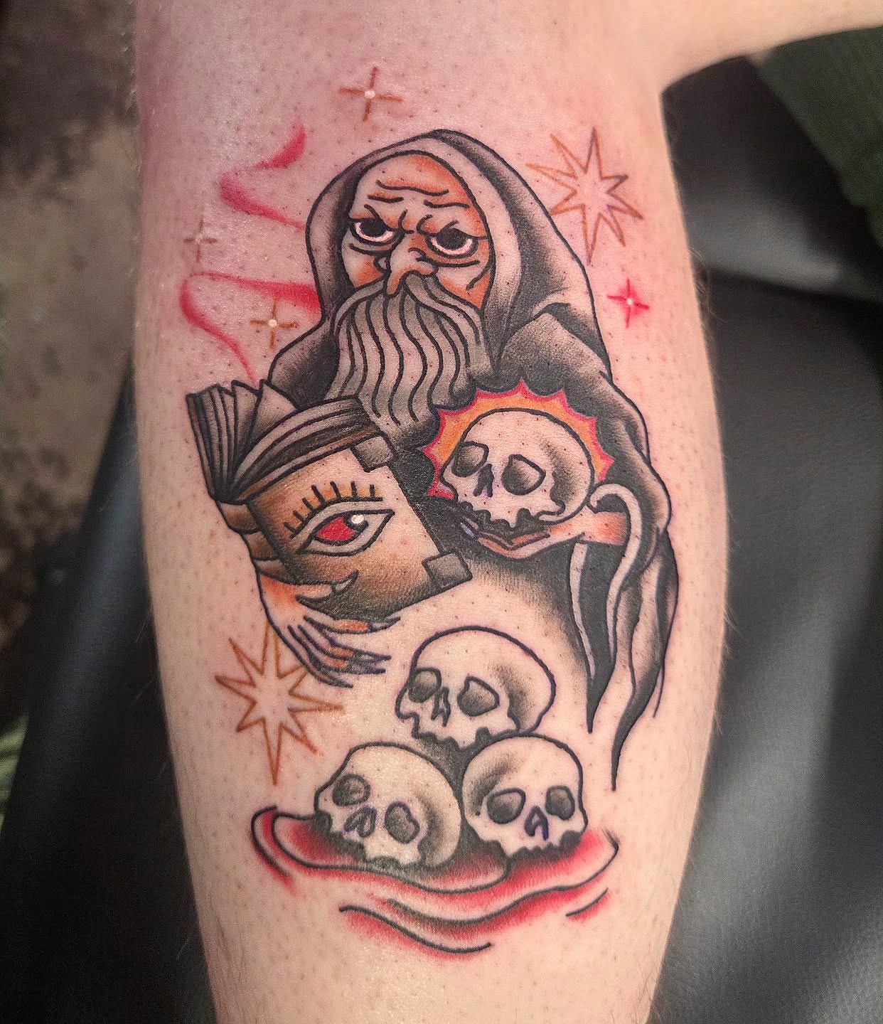 Witch and skulls American traditional tattoo on the forearm by Kat Coniglio Art
