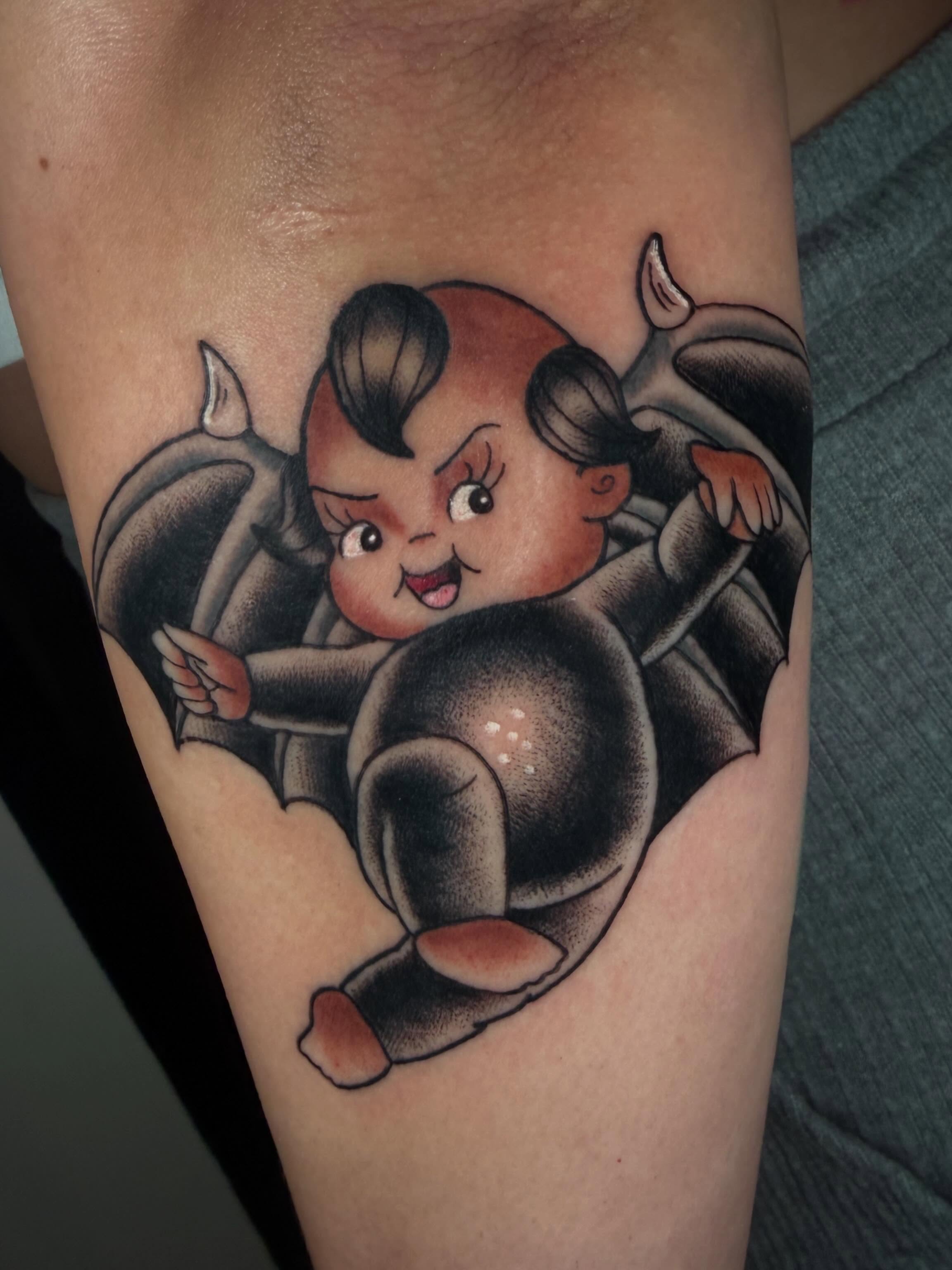 Baby devil American traditional tattoo on the forearm by ♥︎ ᴅᴇᴠ ʀᴇɴᴇᴇ ♥︎