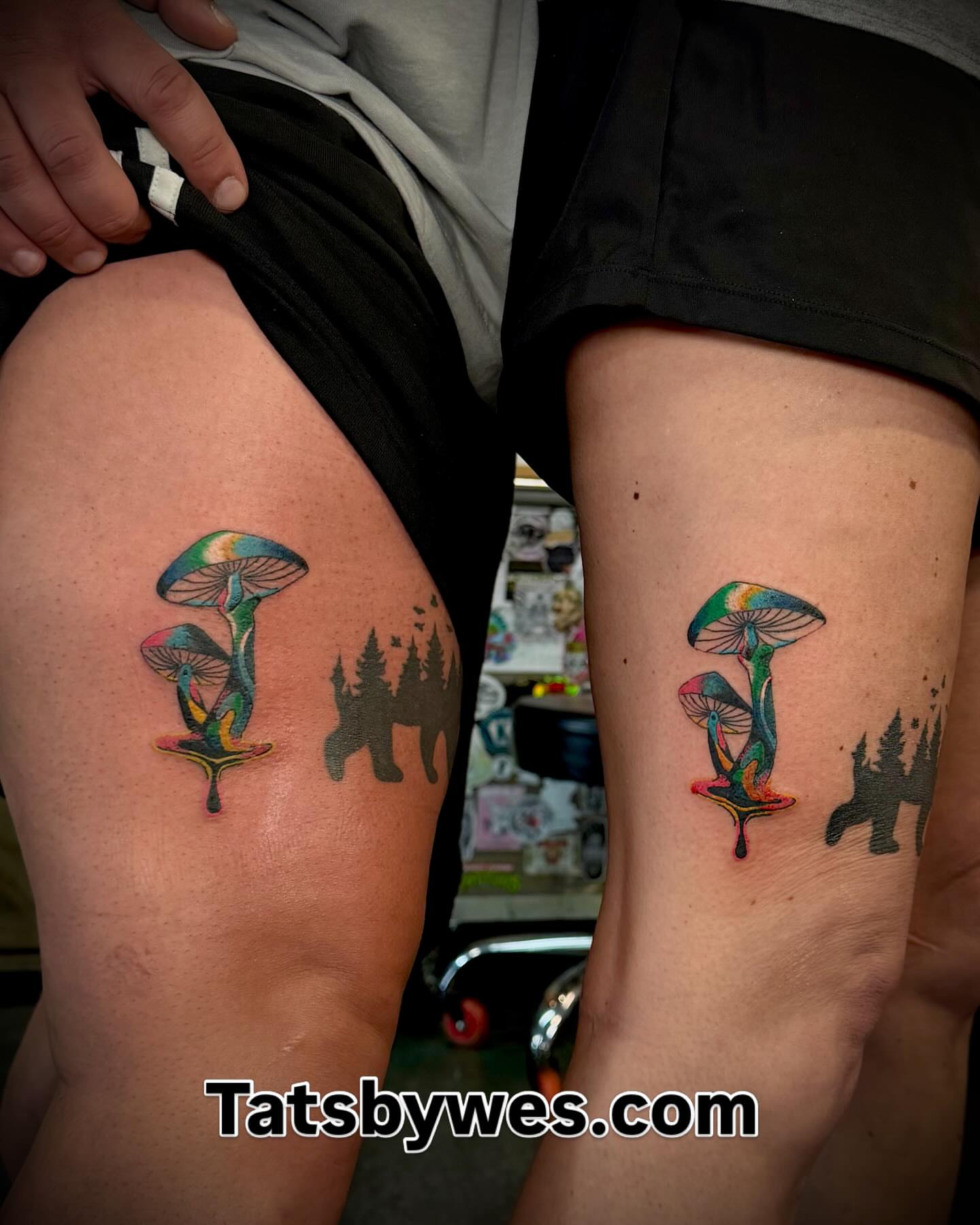 Mushroom new school tattoo on the thigh by 𝐖𝐄𝐒