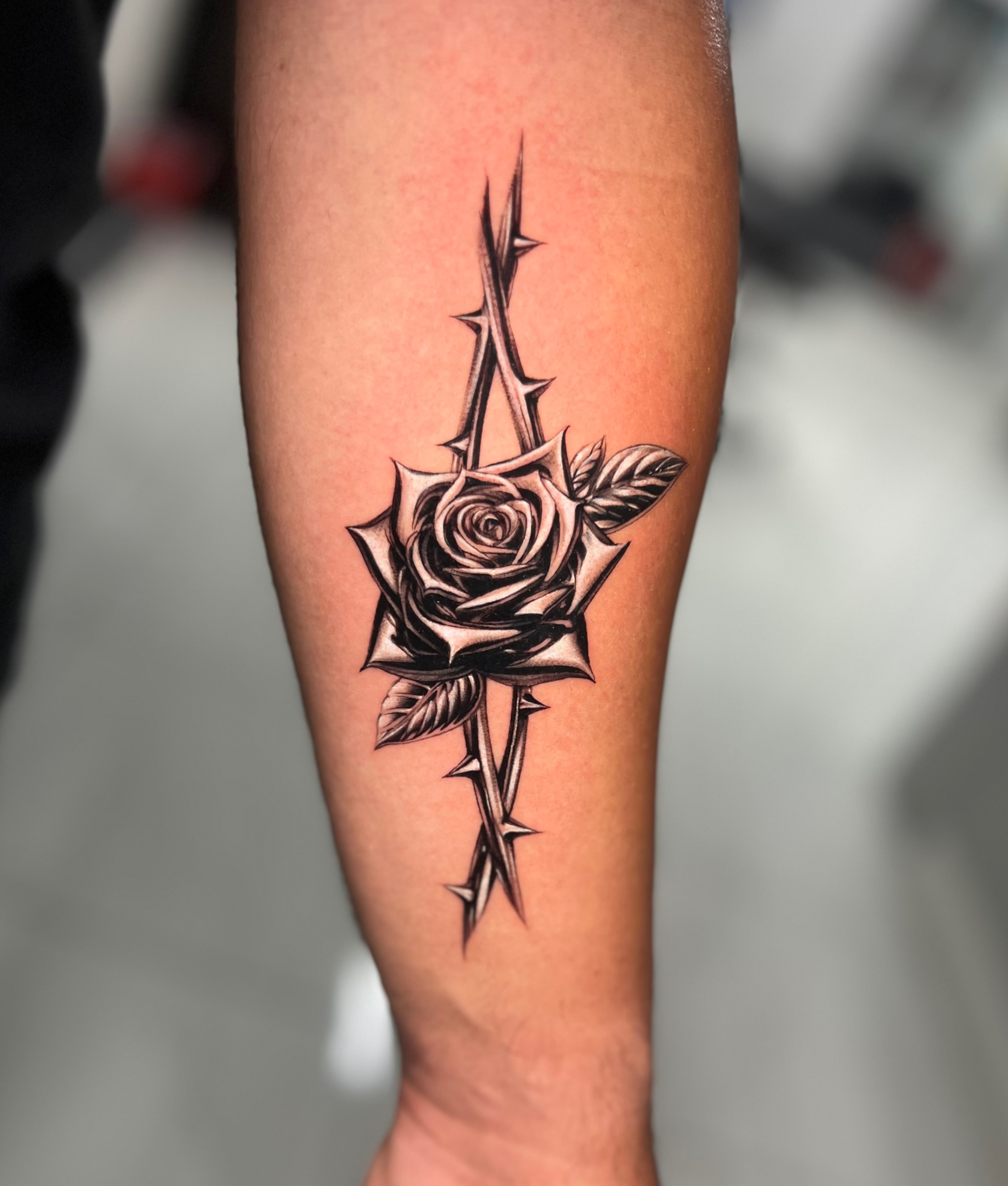 Rose with thorns black and grey tattoo on the forearm by Bay Area Tattoo Artist