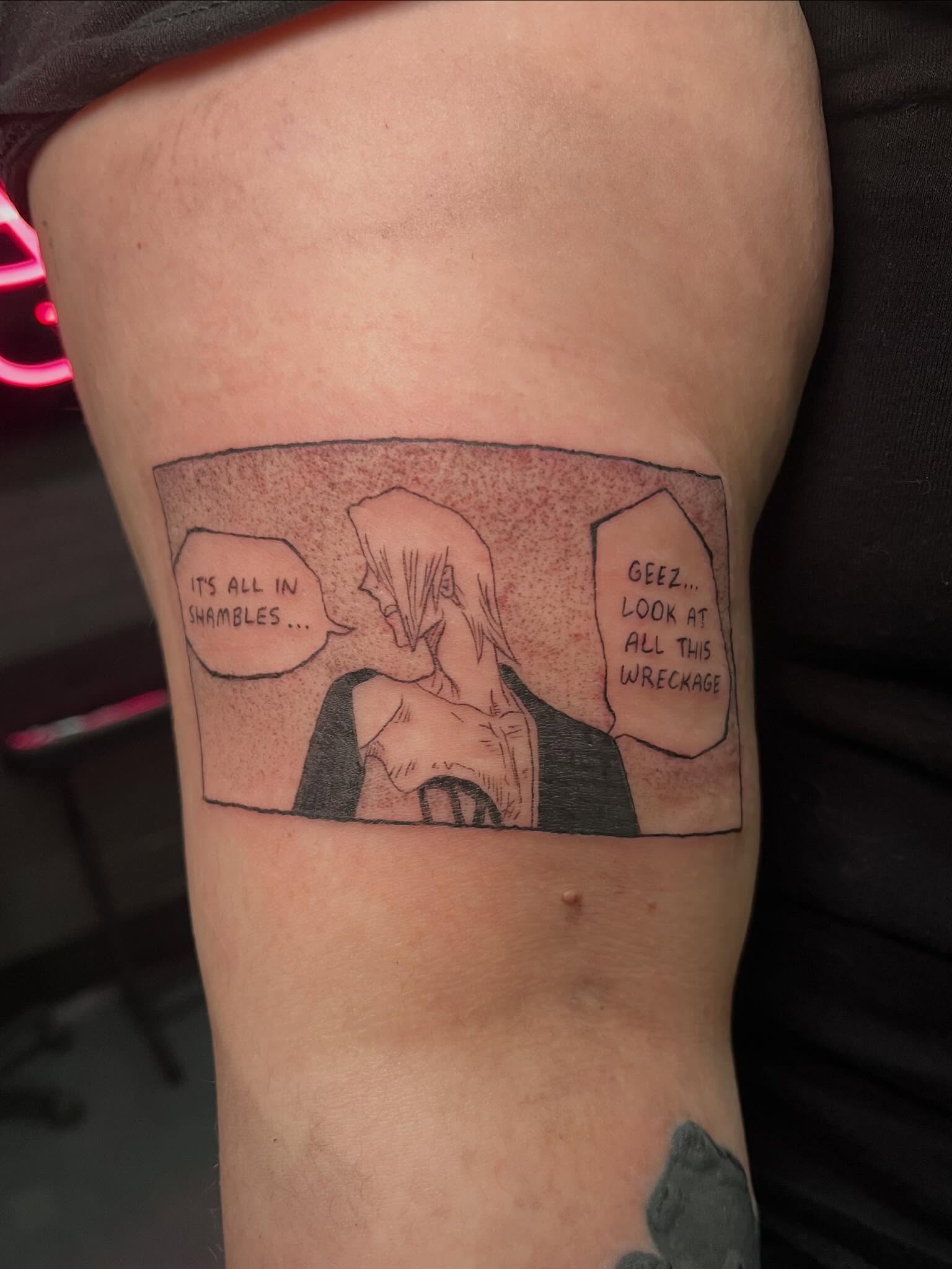 Comic strip dotwork tattoo on the thigh by Bunny 🐰