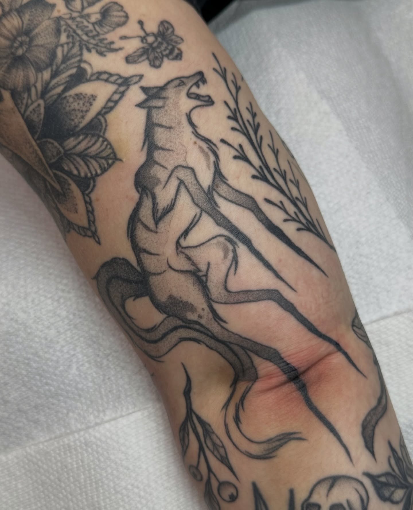 Wolf and floral black and grey tattoo on the forearm by Brooklyn Bailey
