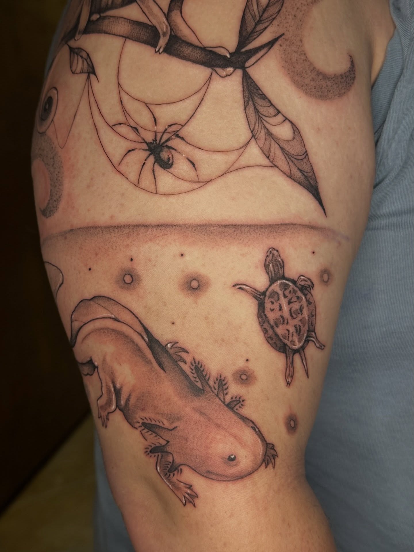 Axolotl and turtle black and grey tattoo on the forearm by Halle Cooper