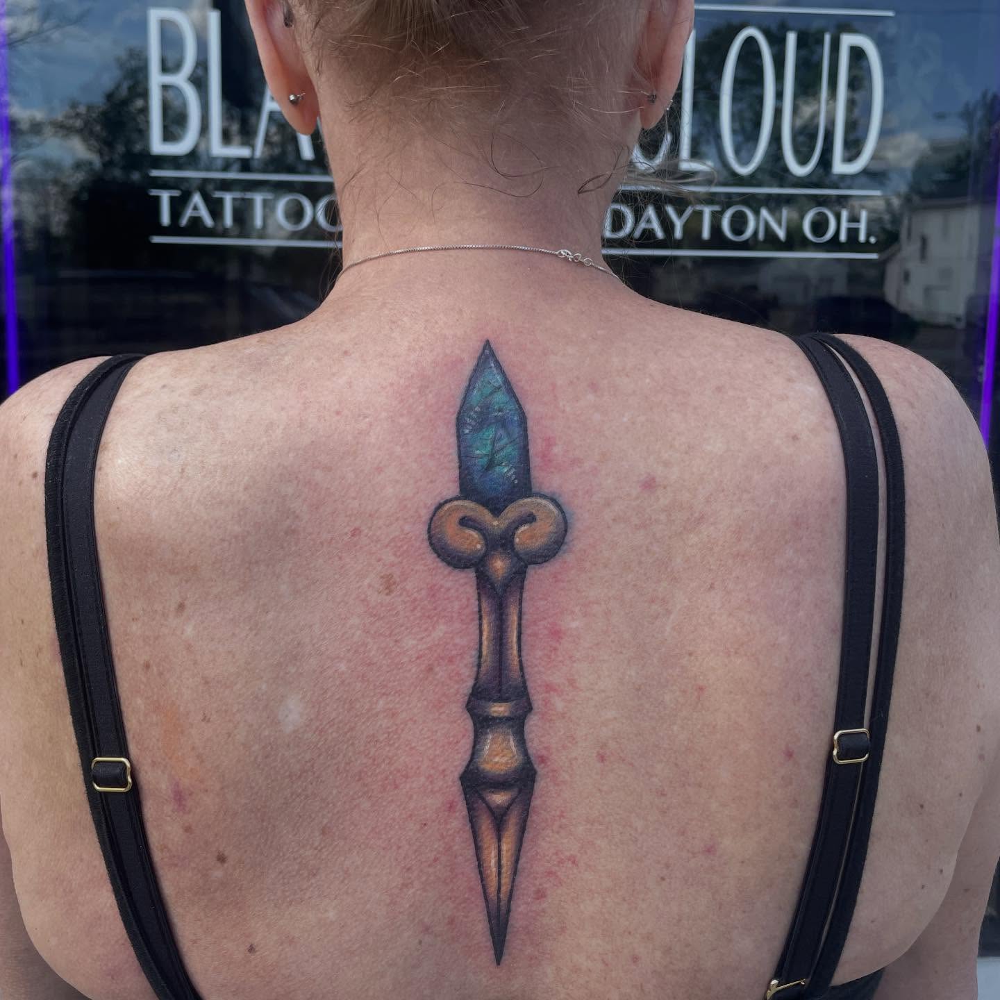 Spear neo-traditional tattoo on the back by 𓉸ྀི lola hoax tattoos𓉸ྀི