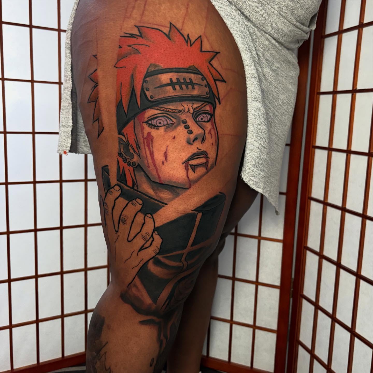 Anime character anime tattoo on the thigh by D. Davis