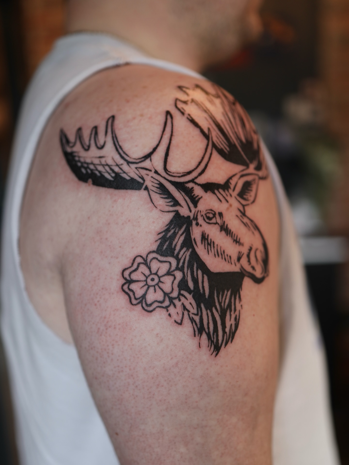 Moose head black and grey tattoo on the shoulder by morgan purcey