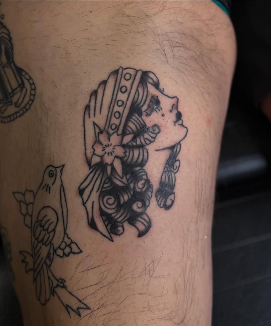 Woman's head with flower neo-traditional tattoo on the thigh by ♱ C ♱, Dallas, Texas