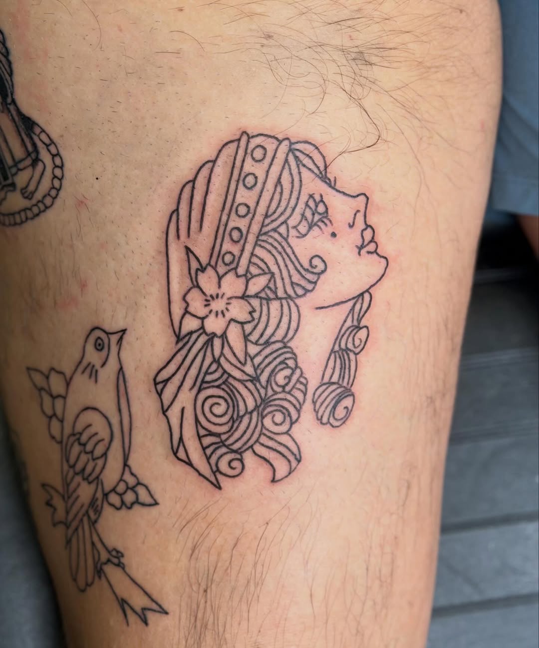 Woman's head and bird neo-traditional tattoo on the thigh by ♱ C ♱, Dallas, Texas