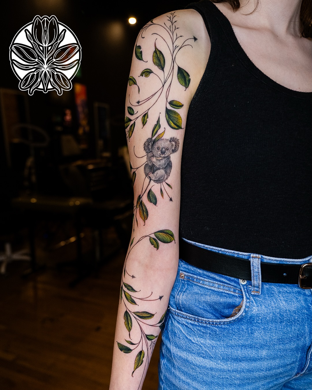 Koala and leaves dotwork tattoo on the forearm by Ori Merchan Tattoo, Kansas City, Missouri