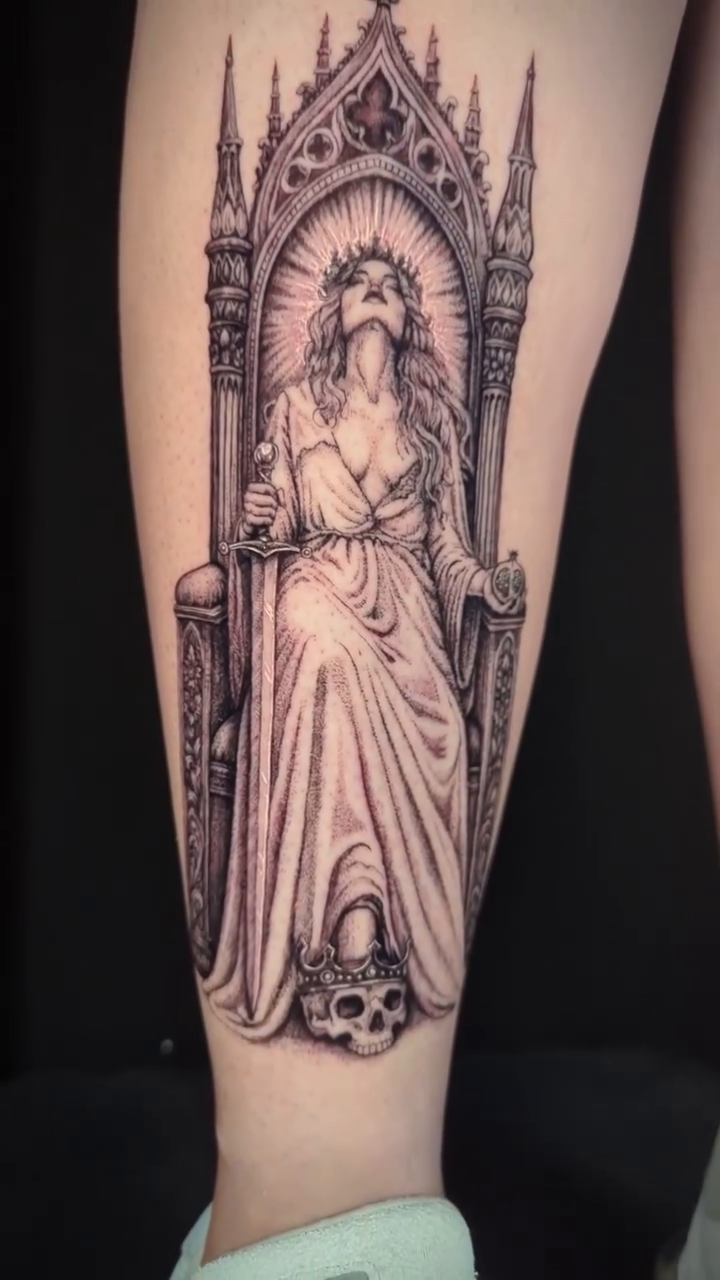 Gothic queen on throne dark realism tattoo by Jessica Sheahan